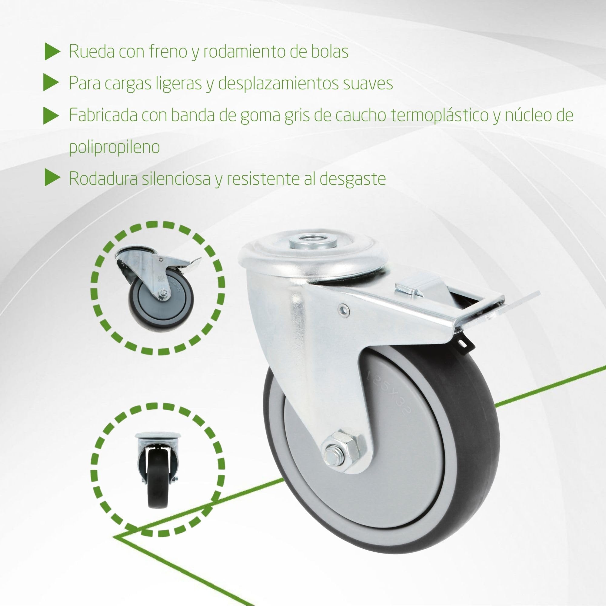 Amig - Pack 4 Ruedas con Freno Para Muebles - Ø 100 mm - Ruedas Giratorias Sin Placa de Montaje - Peso Máximo 110 Kg - Para Mover Muebles Pesados - Rodamientos Rodillos - Núcleo Plástico - Goma Gris