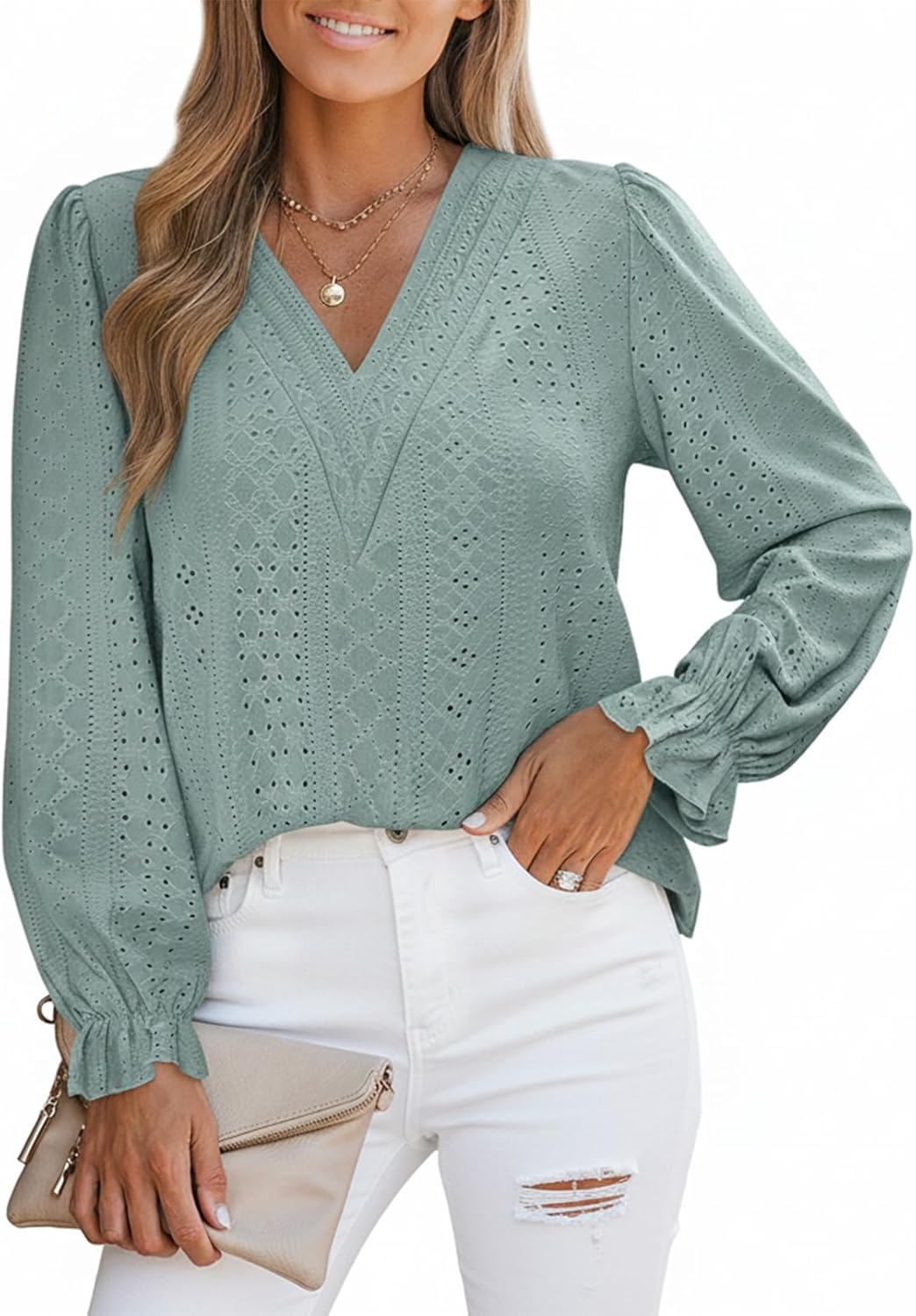 CUPSHE Womens Top V Neck Long Sleeves Ruffled Trim Blouse Casual Floral Shirts Loose Trendy