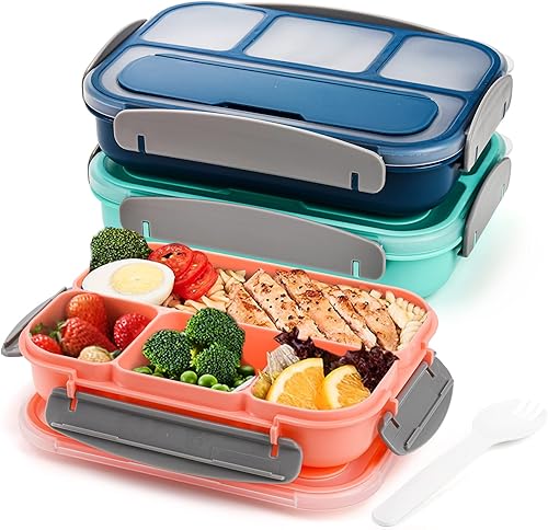 Okllen Paquete de 3 loncheras Bento con cuchara y 4 compartimentos, recipientes de plástico para preparación de comidas con tapas, contenedor de