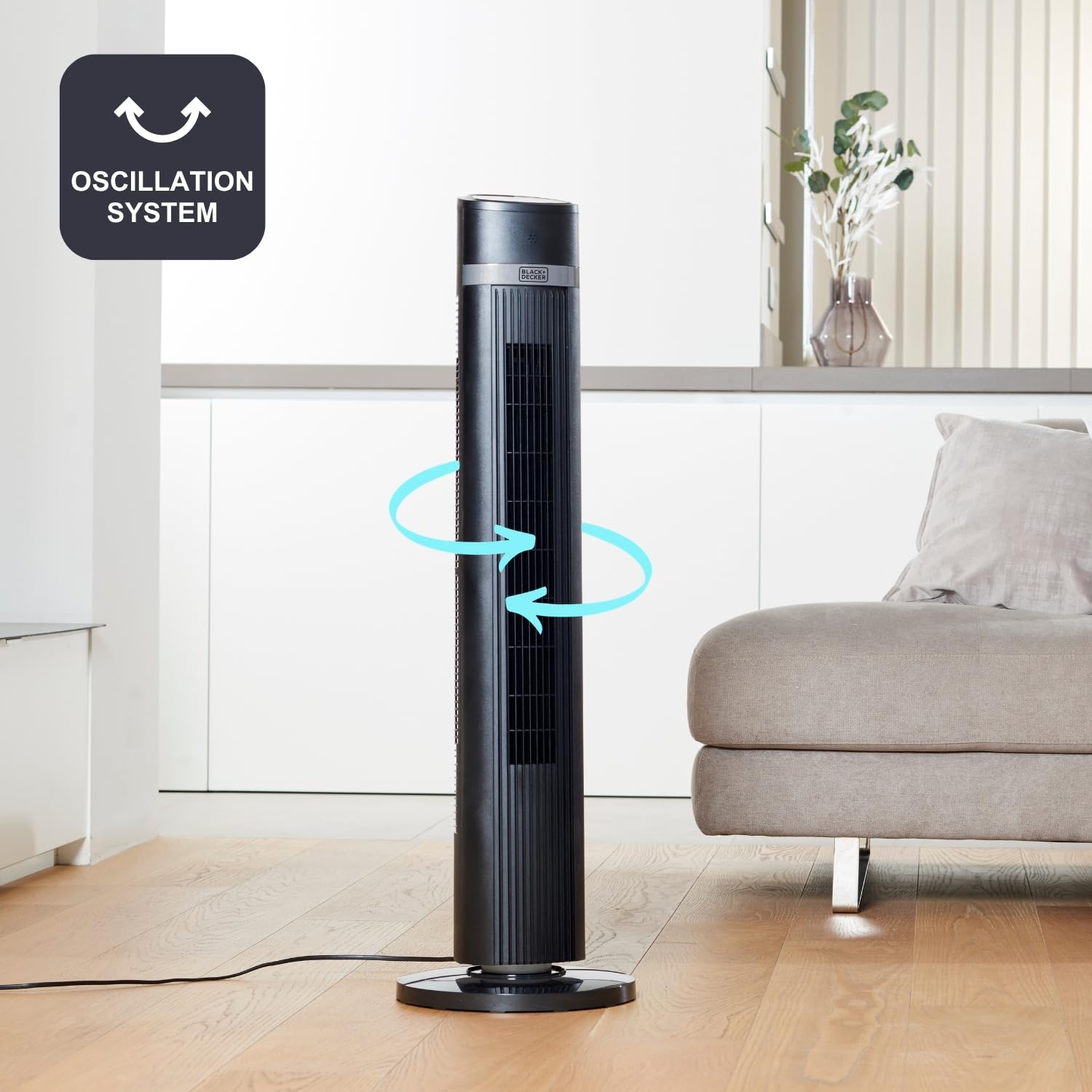 Black+Decker BXEFT50E wentylator kolumnowy 102 cm, 45 W, 4 prędkości, oscylujący, kontroler soft touch, timer 15h, pilot zdalnego sterowania, 3 tryby, cichy uchwyt, stabilna podstawa, czarny