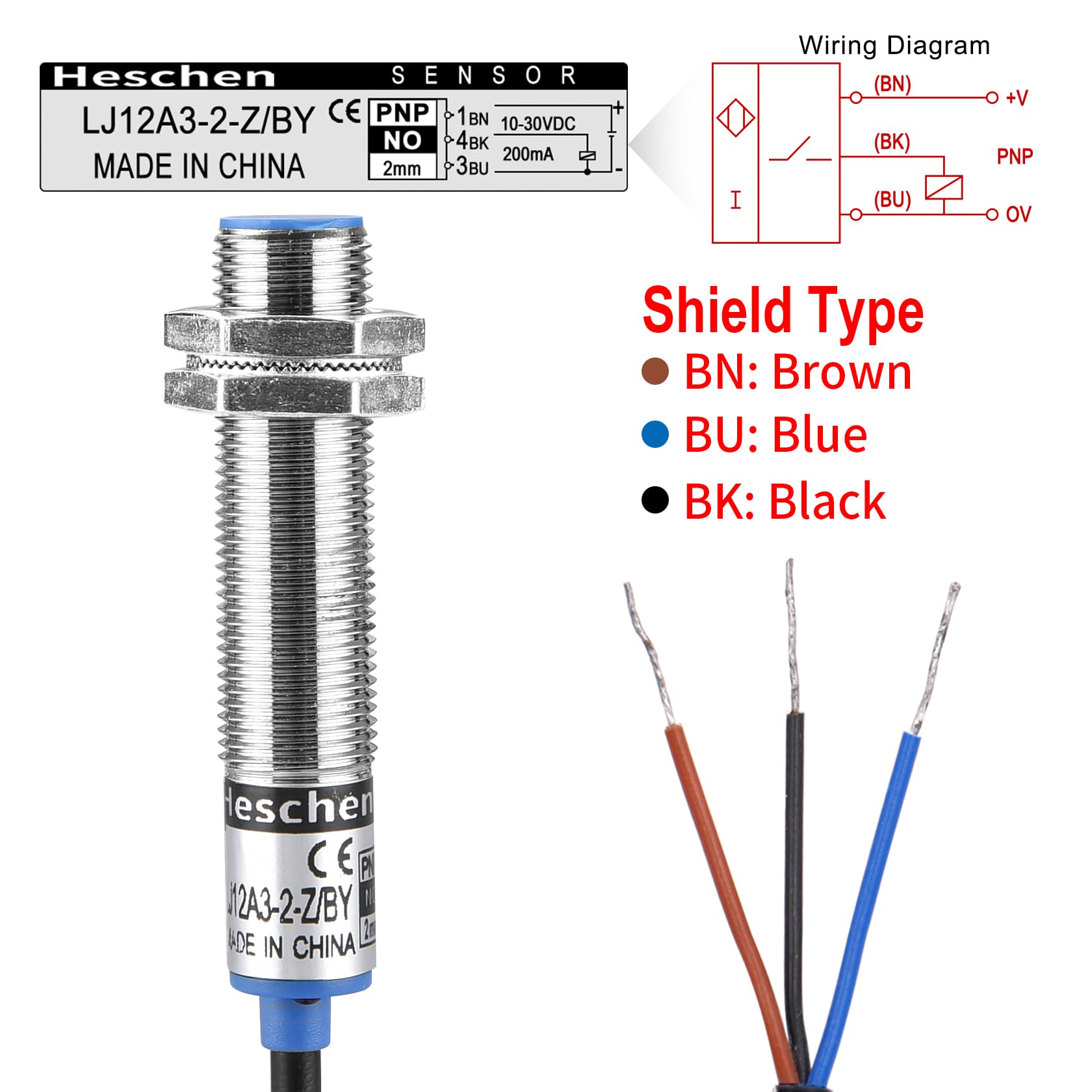 Heschen M8 Induktiver Näherungssensor LJ8A3-2-Z/BY – PNP Schließer, 2mm Abstand, 10-30VDC, 200mA, Ungeschirmt – IP67, 3-Draht, Rote LED