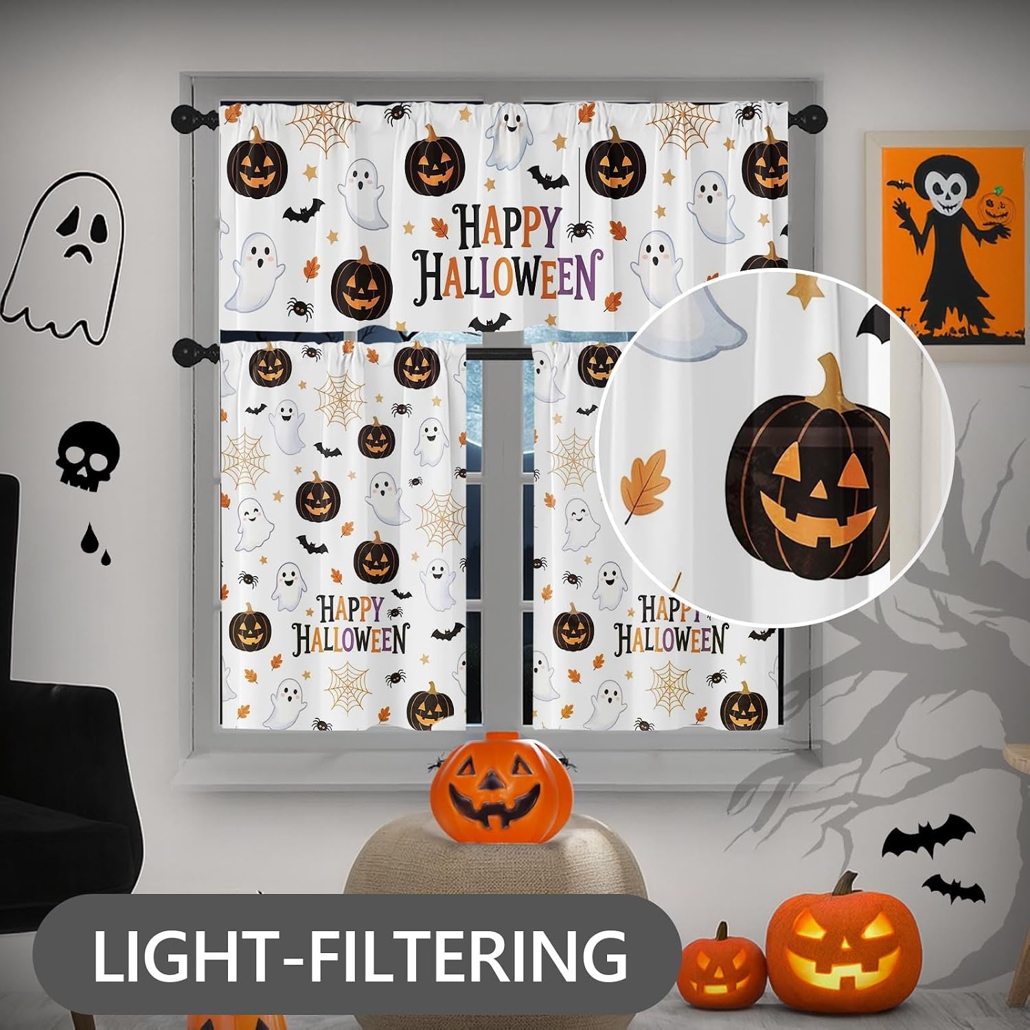 Arttown Happy Halloween Cute Window Curtains and Valances Set 36 Inch, Ghost Pumpkin Black Short Tier Curtain for Cafe Living Room Bathroom, Halloween 3 Pieces Set Kitchen Decor