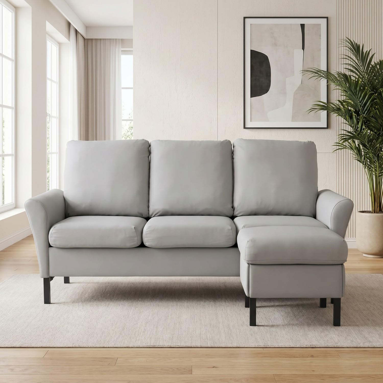 Hroth 3 Seater Faux Leather Sofa with Footstool, Wipe-Clean Finish, Grey