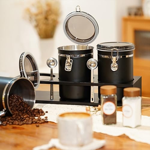 Miniatura 9 de Yangbaga Botes de café de acero inoxidable 304 para café molido, 2 recipientes de café de 63 onzas con estante de almacenamiento de granos de café,