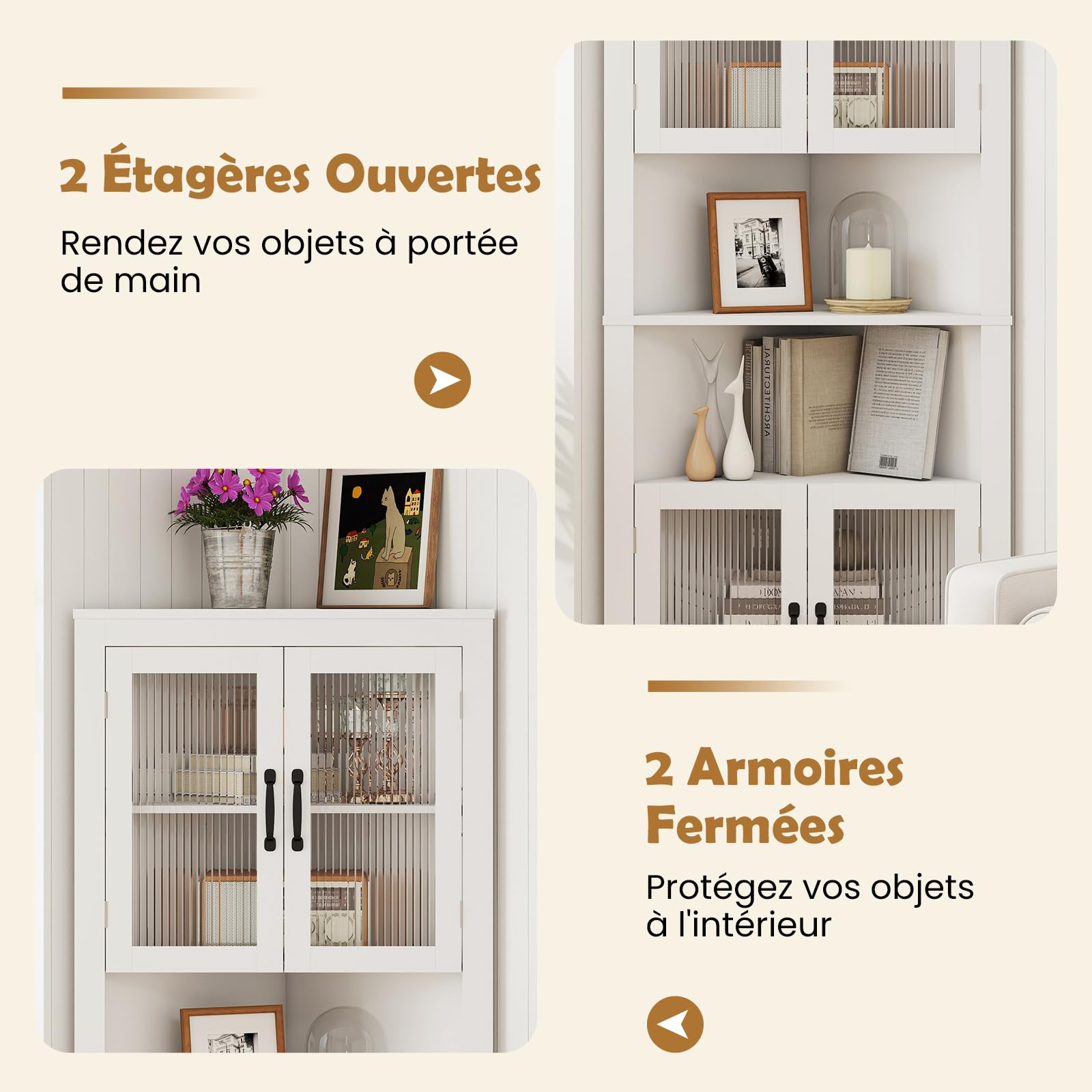 GOPLUS Armoire d'Angle de 171 CM de Haut,Meuble de Rangement à 6 Niveaux avec 4 Portes en Verre, Étagères Réglables sur 3 Niveaux, Charge 60KGpour Salle de Bain, Salon, Cuisine, 66 x 35 x 171 cm Blanc