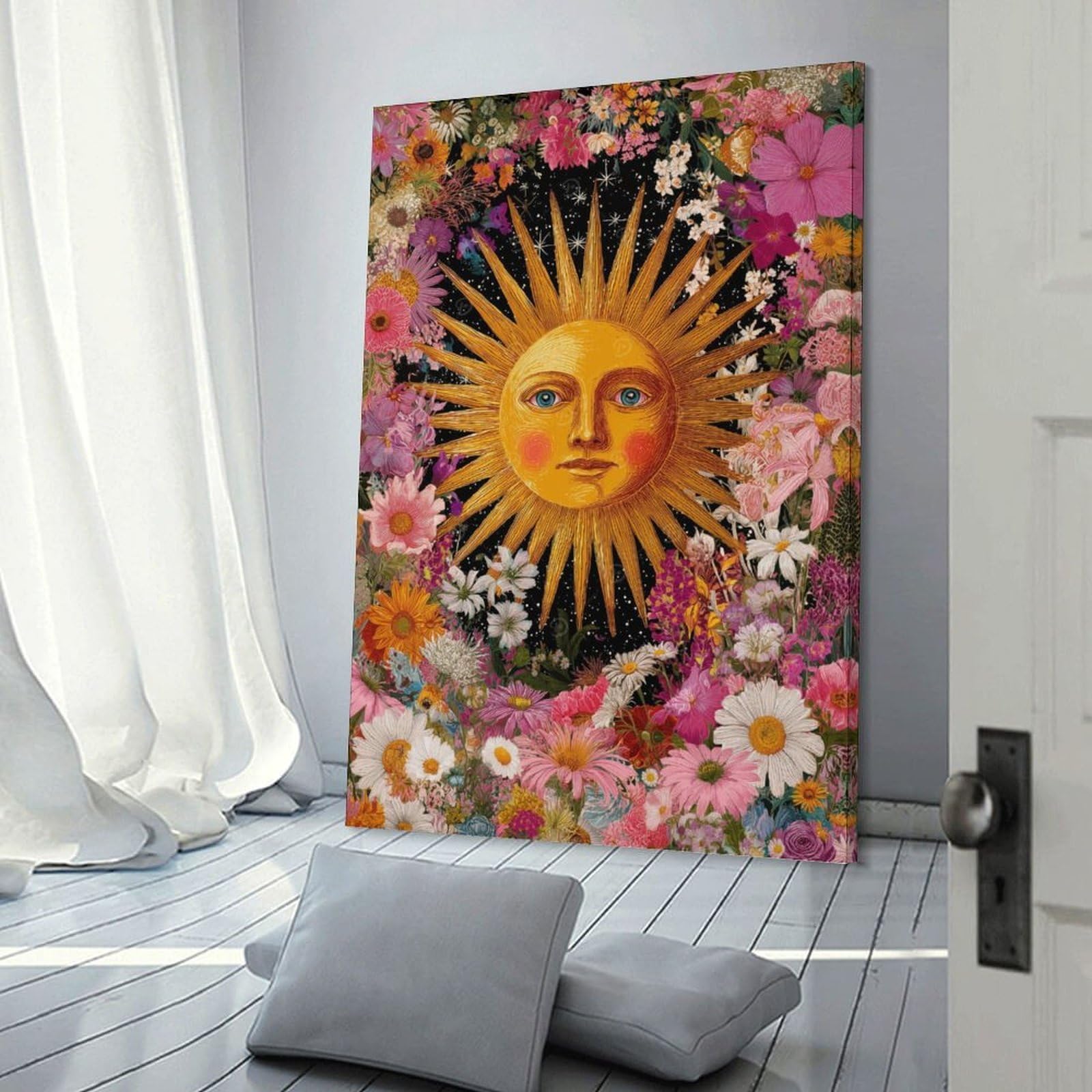 Junmoney Floral Sun Face Wall Decor Canvas Print, 20x30inch(50x75cm), for Home Lounge, Bedroom Or Reading Nook, Decorative Artwork for Empty Walls