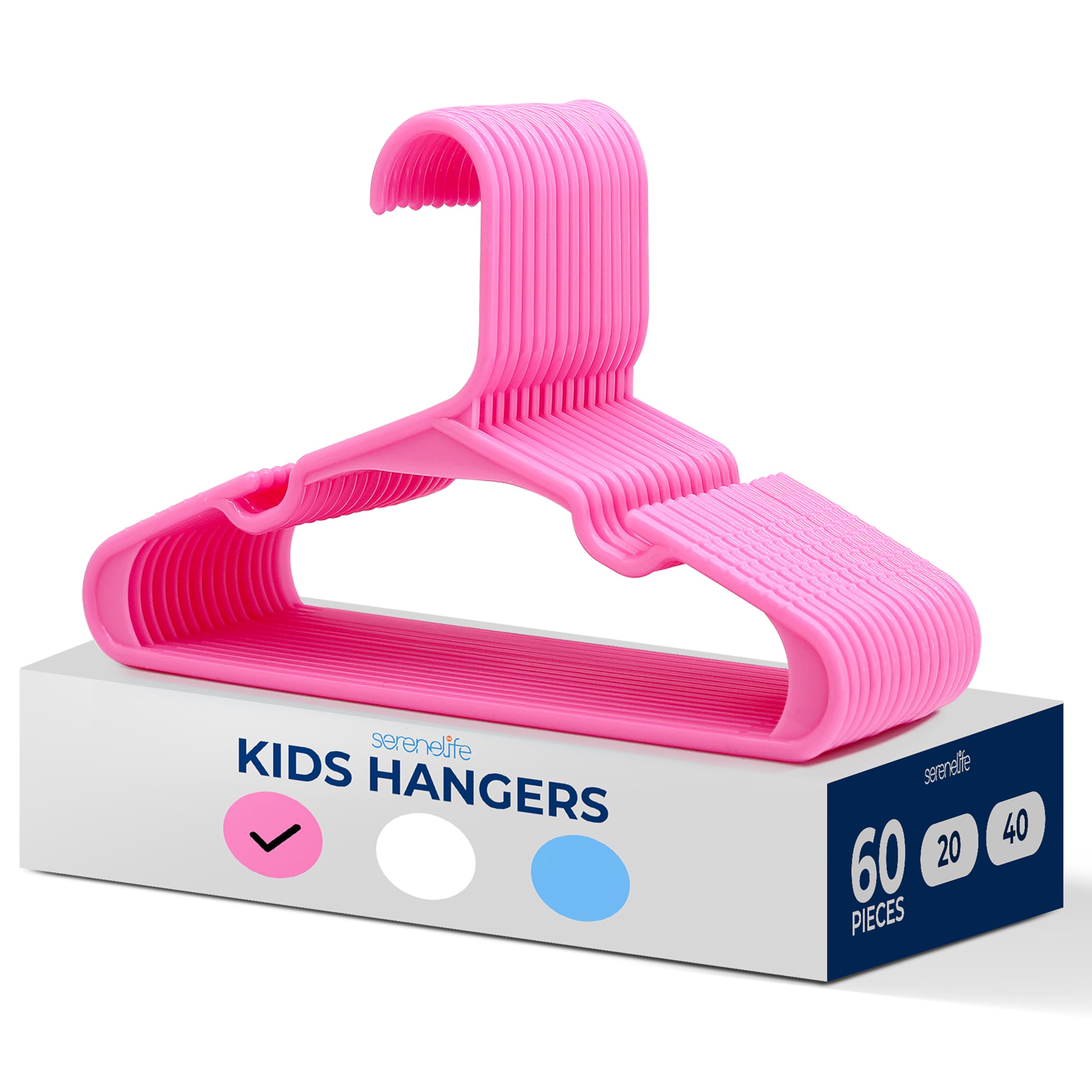 SereneLife 20 Pack Plastic Kids Hangers, Non-Slip for Closet, Space-Saving Thin Design for Infant and Newborn Clothing, Children's Hangers for Organizing Clothes (Blue) (Pink, 60 pack)