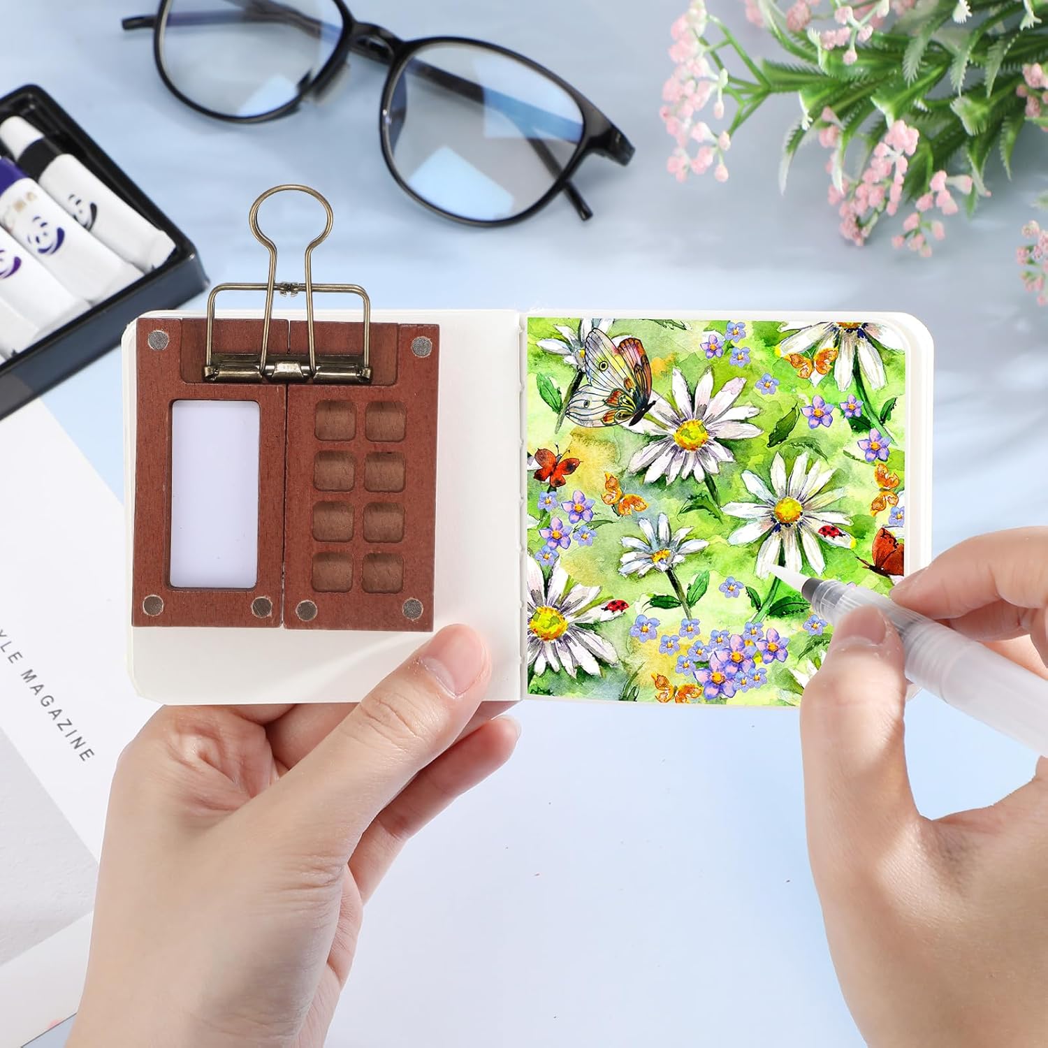 6 Set Mini Watercolor Paint Set Paint Palette Travel Kit Pocket Artist Watercolor Travel Kit with Wooden Grid Palette Box Sketchbook Brush Pens Paints Clips for Beginners Artists Painters