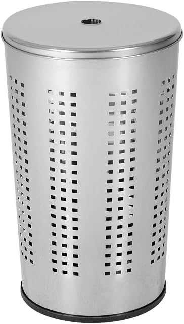 axentia Compact Chromed Metal Laundry Bin with Lid, Laundry Storage Bin Basket with Ventilation Holes, 50 l Capacity, approx. 36 x 36 x 58 cm, Silver
