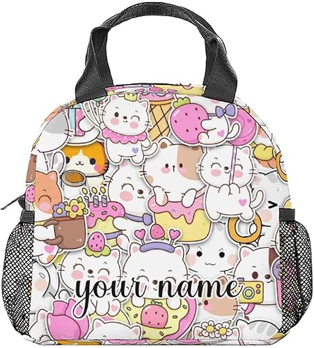 Lonchera personalizada con diseño de gato para niños, pequeñas bolsas de almuerzo aisladas, bonita lonchera reutilizable para mujeres, bolsas de