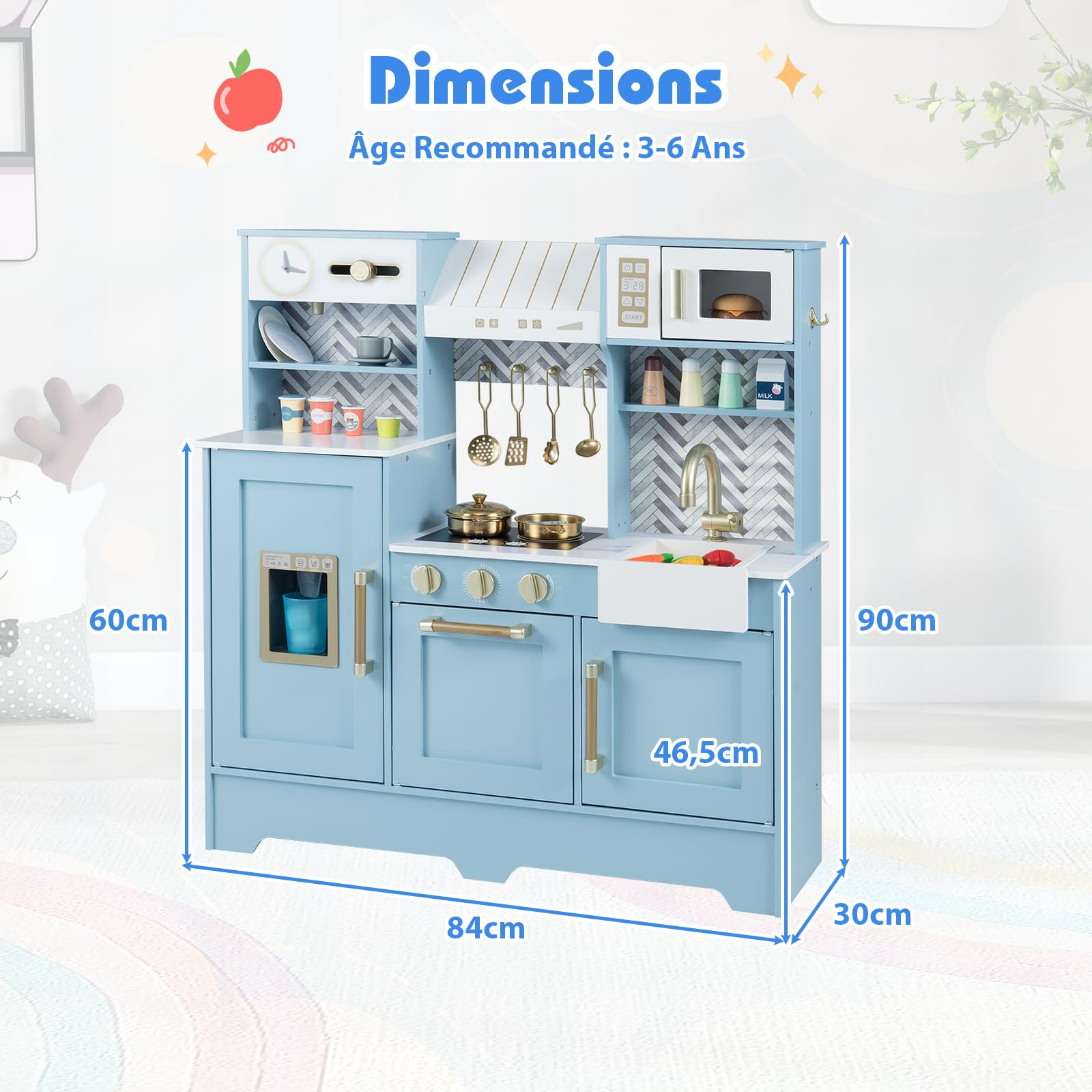 COSTWAY Cuisine Enfant avec Machine à Café & Machine à Glaçons, Cuisine en Bois Enfant avec Son Réaliste & Hotte & 10 Accessoires, Micro-Ondes, Armoires, Jeu de Simulation pour 3-6 Ans