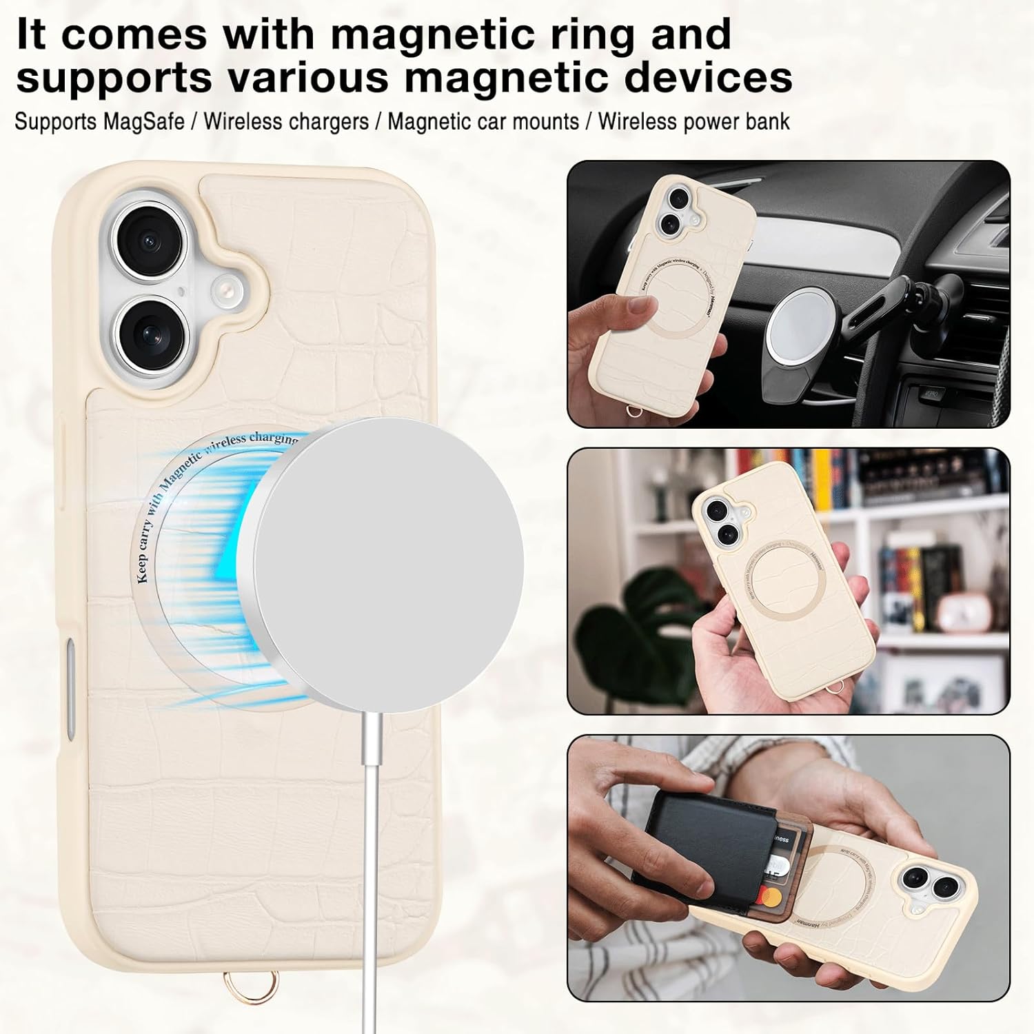 Hanman Magnetic Wallet Case for iPhone 17,RFID Blocking Leather Zipper Purse Magnetic Case with Chain Patche for iPhone 17,2 in 1 Detachable Magnetic Wallet Cover-Beige