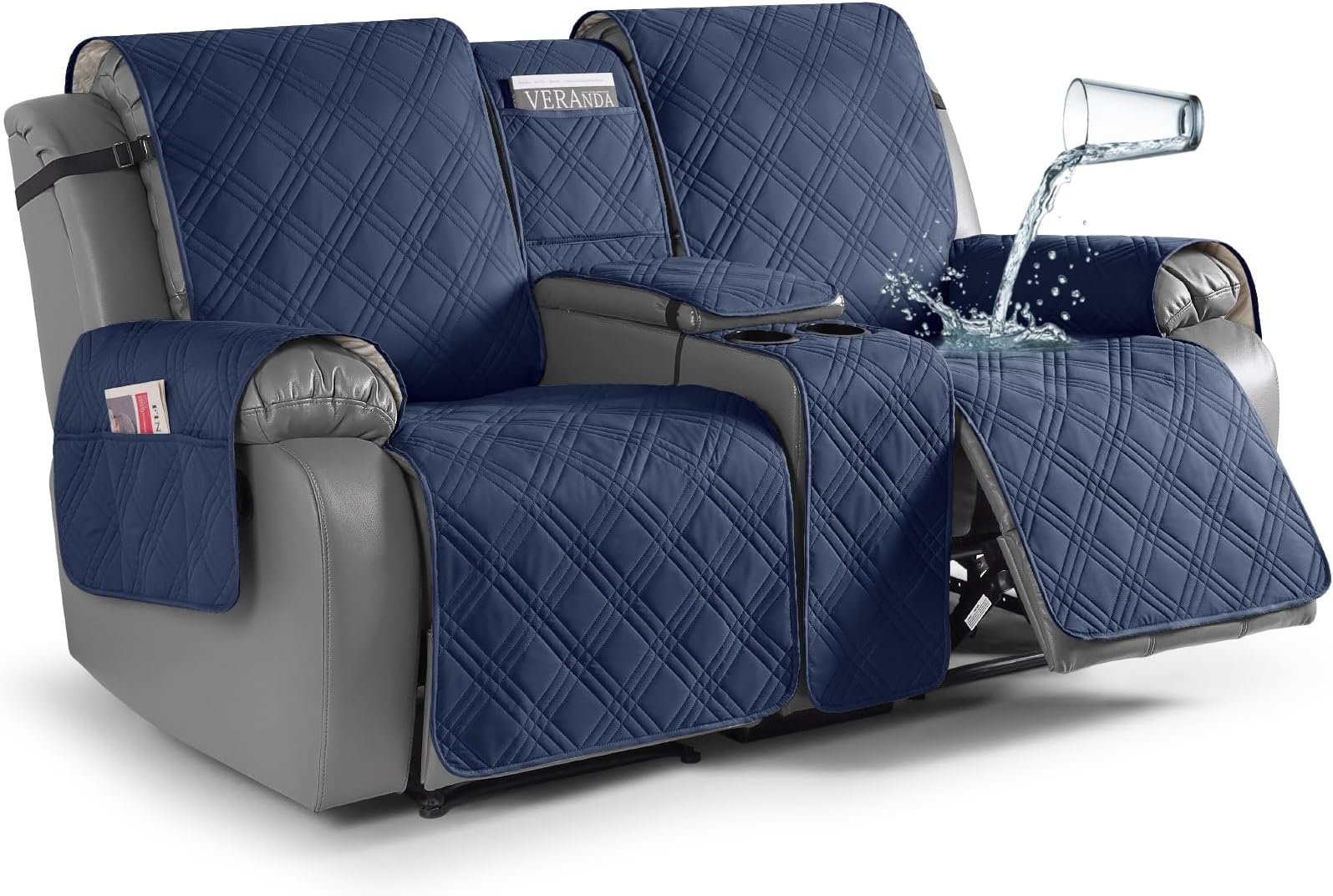 TAOCOCO Waterproof Loveseat Recliner Cover with Console, Non-Slip Reclining Loveseat with Console Cover with Pocket, Split Recliner Sofa Covers Furniture Protector for Pets Dogs(2 Seater, Navy Blue)