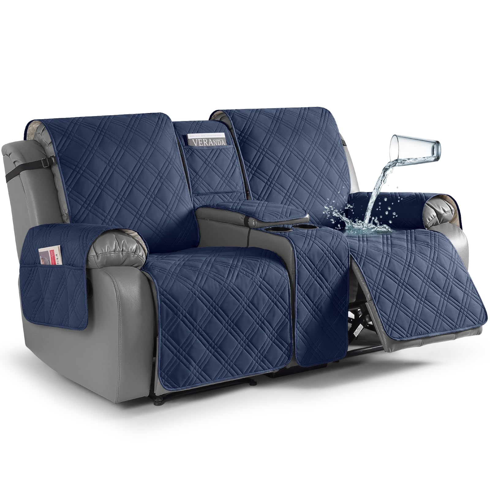 TAOCOCO Waterproof Loveseat Recliner Cover with Console, Non-Slip Reclining Loveseat with Console Cover with Pocket, Split Recliner Sofa Covers Furniture Protector for Pets Dogs(2 Seater, Navy Blue)