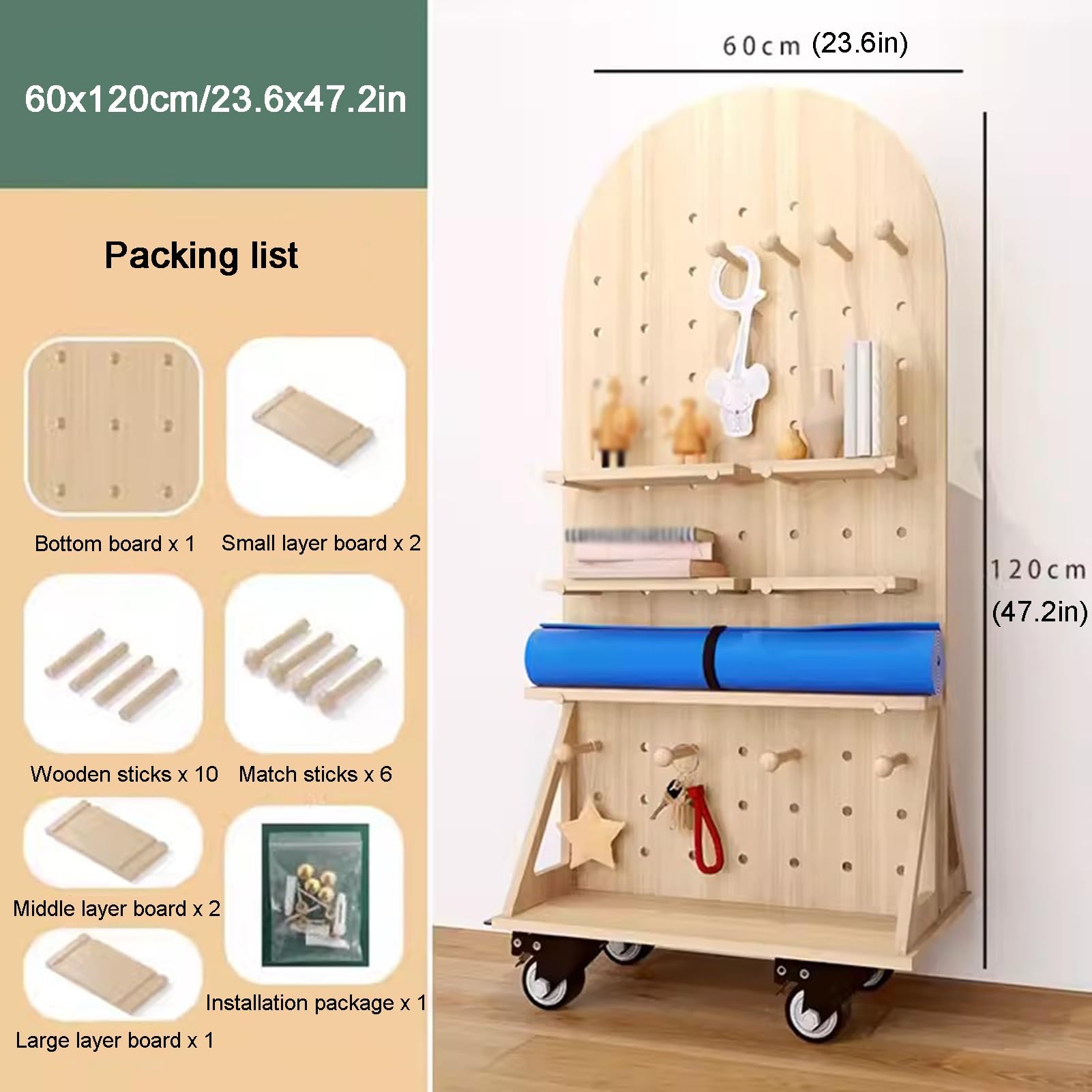 Hölzerner Pegboard-Werkzeug-Organizer, bewegliches Pegboard-Rack, DIY-Aufbewahrungs- und Anzeigetafelständer, dekoratives Pegboard-Kombinationsset für Küche/Arbeitszimmer/Garage (Holz)
