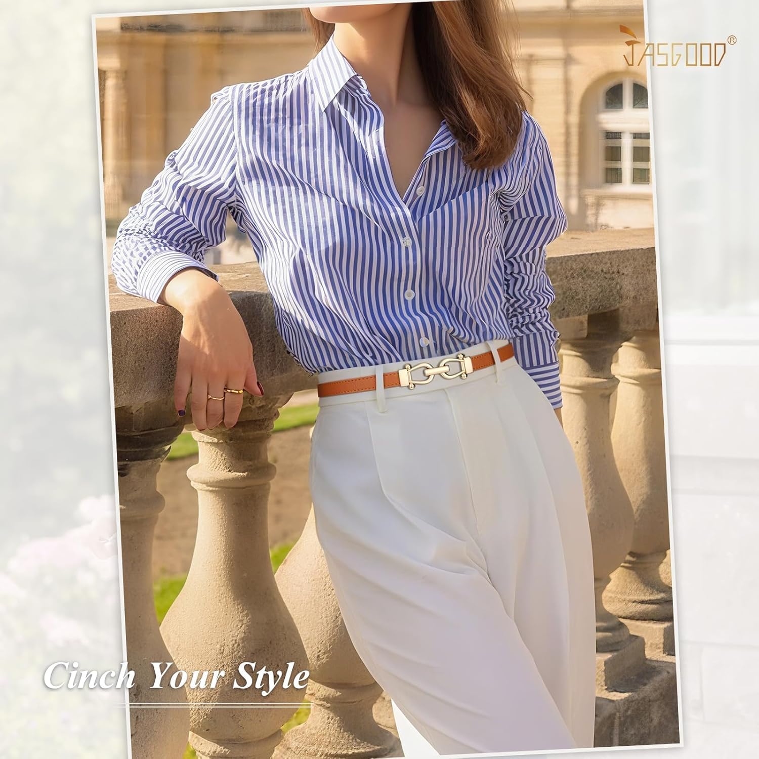 JASGOOD 2 Pack Women’s Thin Belts Pu Leather Adjustable Skinny Waist Belts for Jeans Pants Dresses with Gold Buckle - Image 3