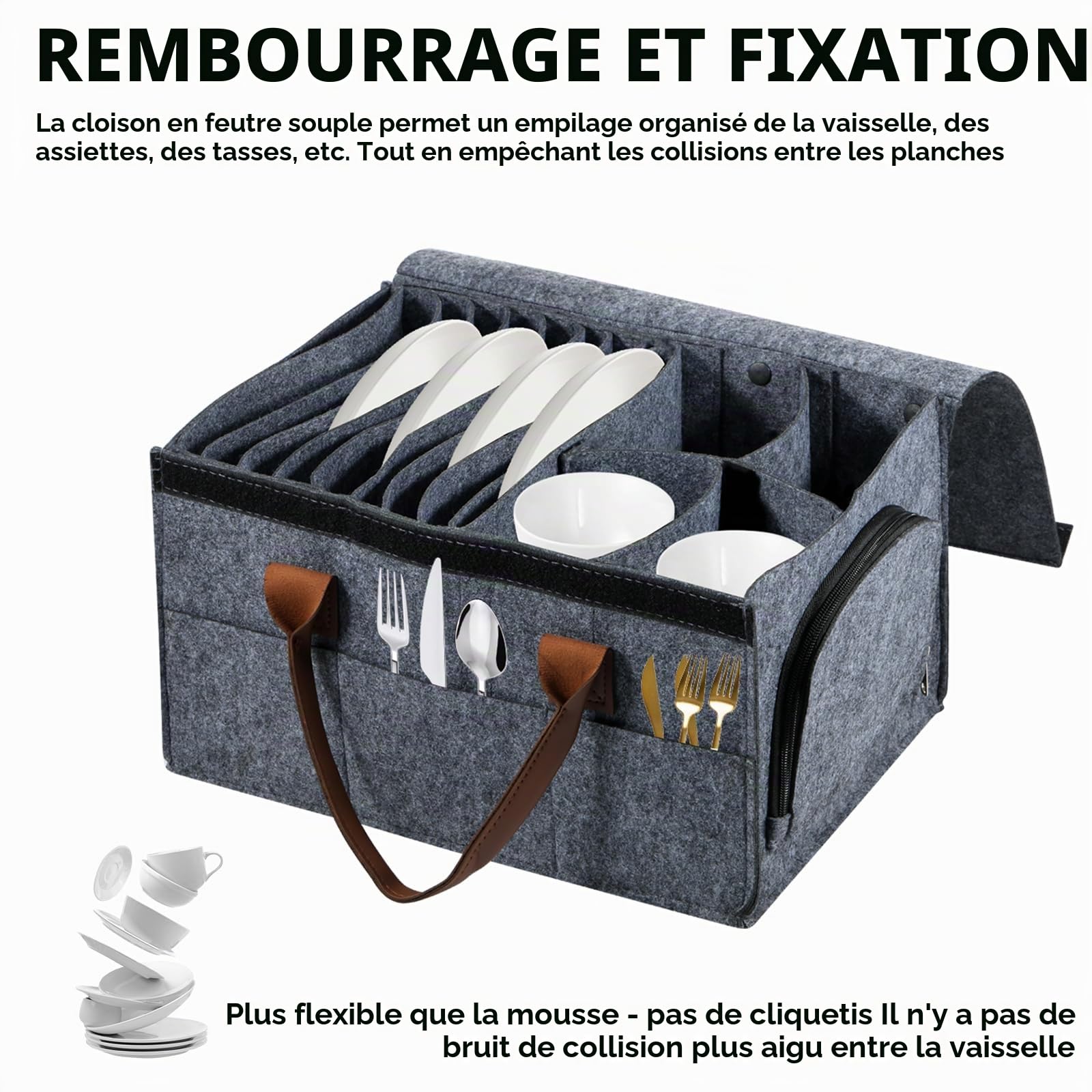 Boîte de rangement en feutre pour assiette de caravane avec porte-gobelet, récipient de rangement pour vaisselle de camping avec séparateur amovible, couvercle et plateau de rangement pour protéger