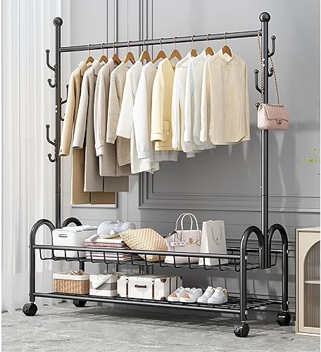 Hall Tree with Hooks Single Tidy Clothes Rails Portable Mobile Garment Rack Heavy Duty Metal Coat Hanger with 2-Tier Lower Storage Shelves for