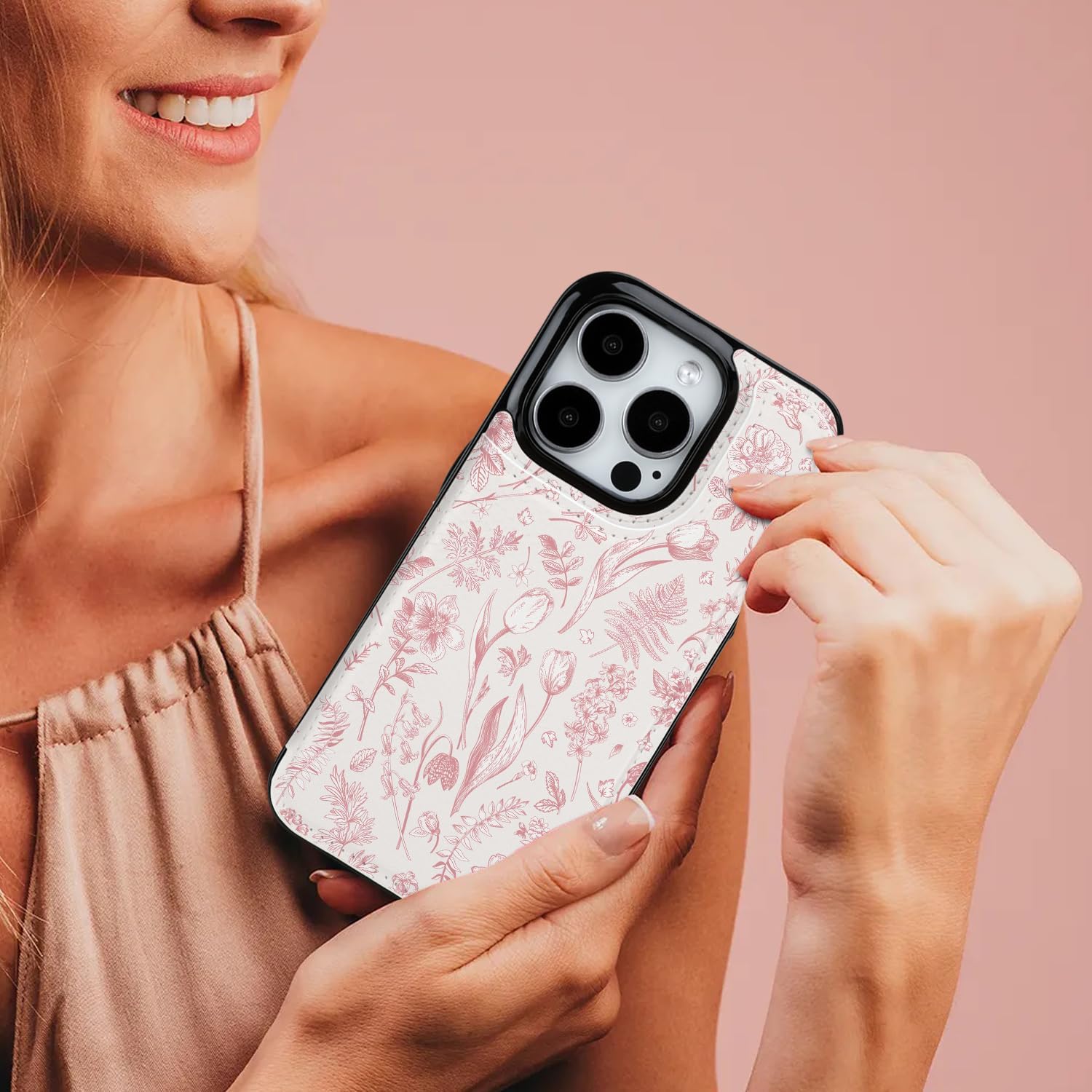 uCOLOR for iPhone 16 Pro Wallet Case Magsafe with Card Holder Slot【Compatible with MagSafe】 Folio Flip PU Leather Design with Camera Lens Protector 6.3" (Nude Flowers) - Image 7