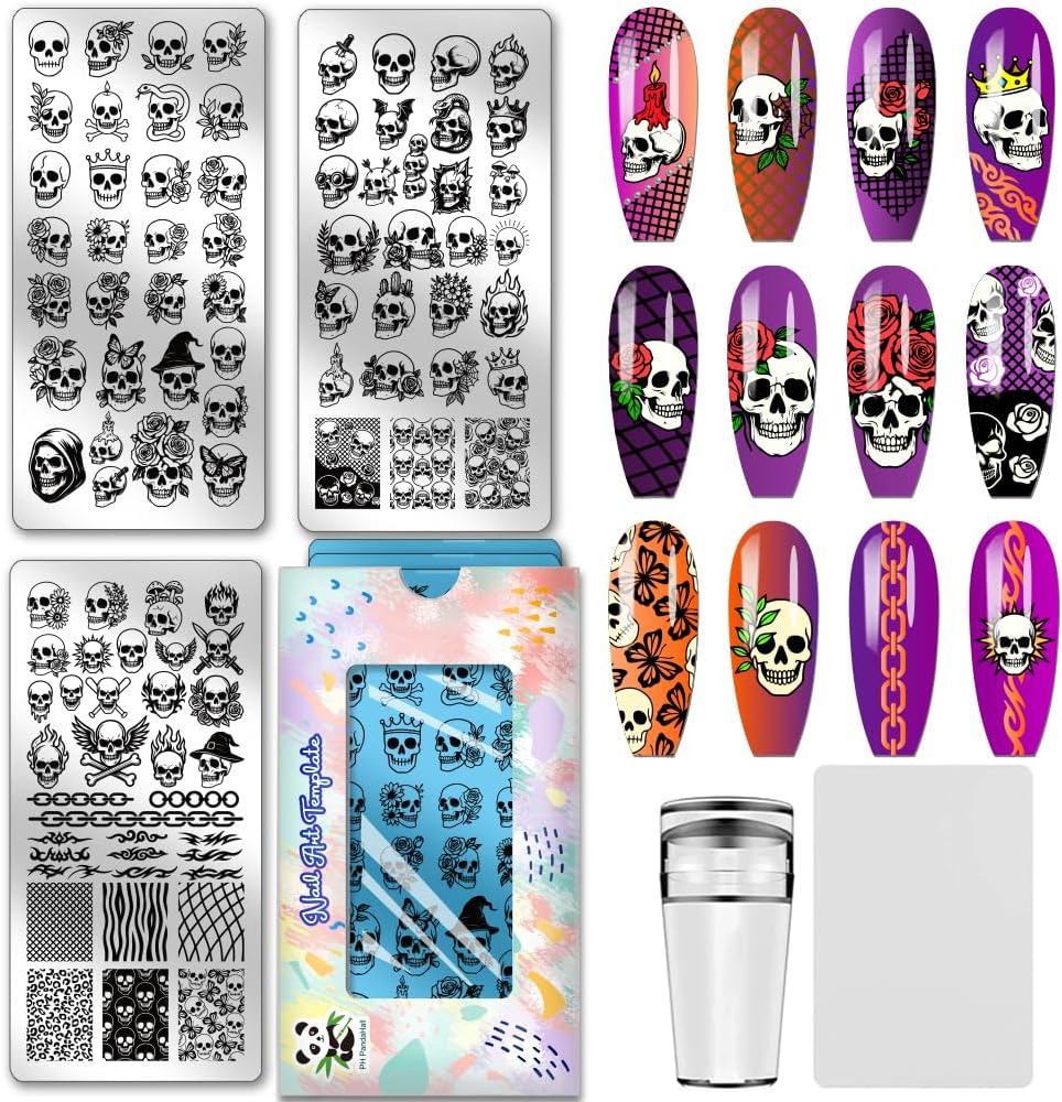 PH PandaHall 3pcs Assorted Skull Nail Stamp Plate Skull Flower Print Art Template Stainless Steel Nail Image Plate Punk Style Nails Stencil for Women Halloween DIY Printing,4.7x2.3 inch