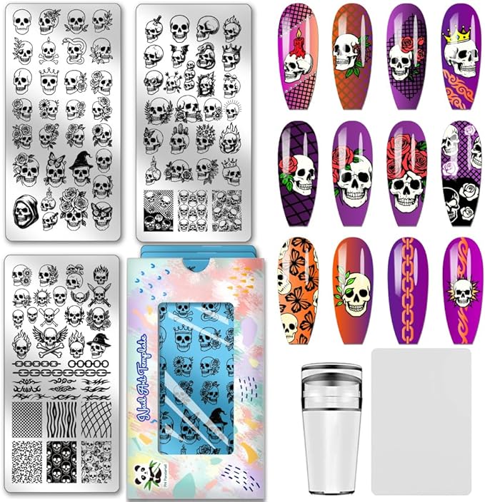 PH PandaHall 3pcs Assorted Skull Nail Stamp Plate Skull Flower Print Art Template Stainless Steel Nail Image Plate Punk Style Nails Stencil for Women Halloween DIY Printing,4.7x2.3 inch