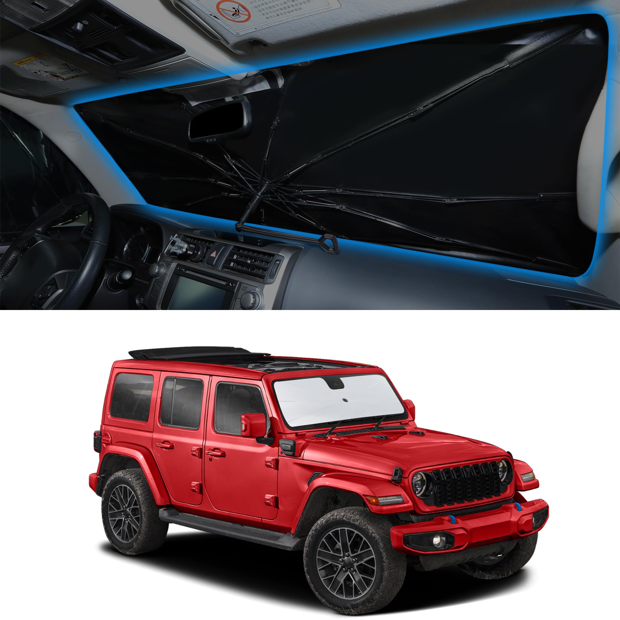 Windshield Sun Shade Umbrella for 2018-2026 Wrangler JL &amp; 2/4 Door 4XE