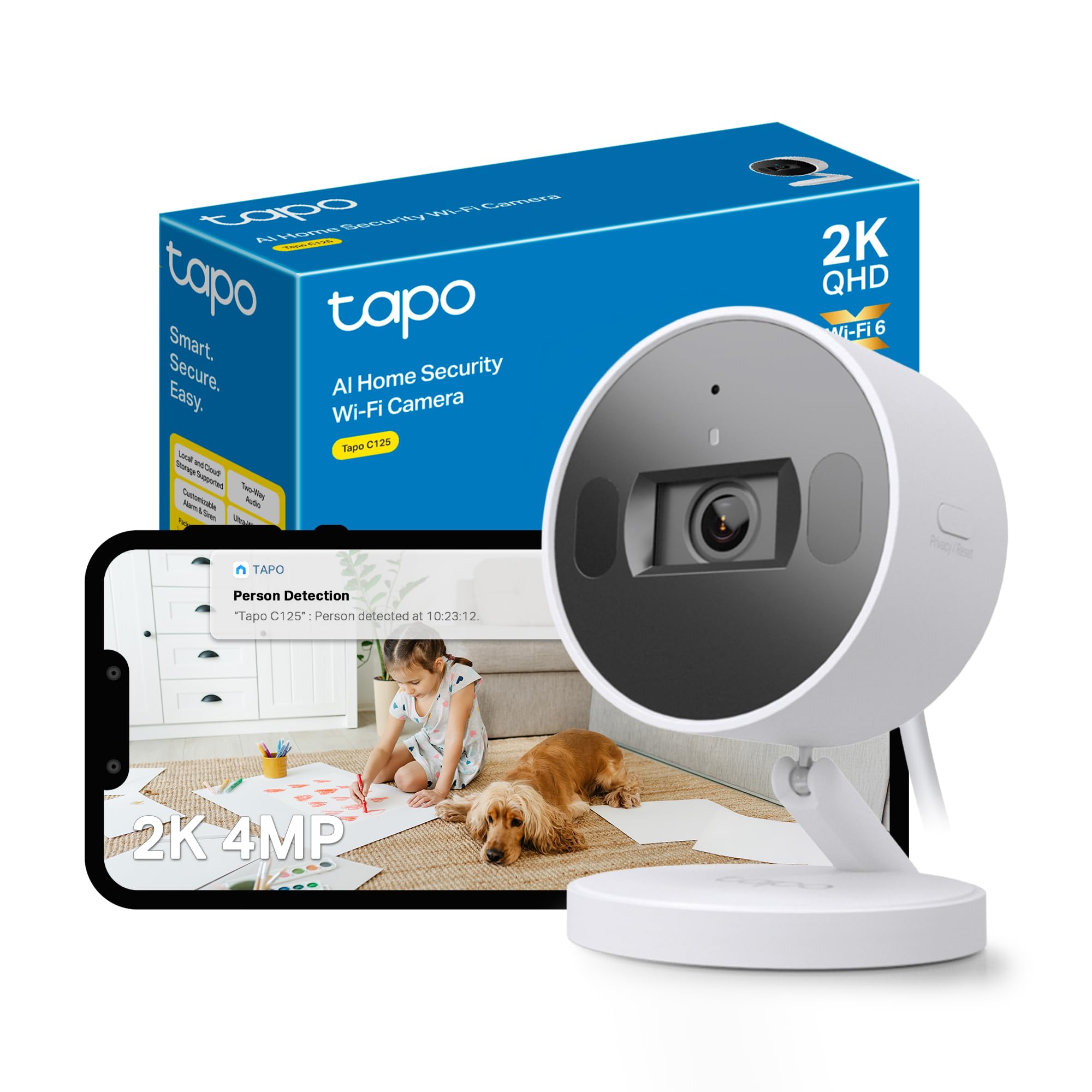 TapoC125 Indoor Camera with Physical Privacy Shutter, 2K QHD Security Camera, No Monthly Fee, AI Detection, Pet & Baby Camera, CCTV, 2-Way Talk, 140° Wide FOV, Night Colour Vision, Magnetic MountingClimatePartner certified