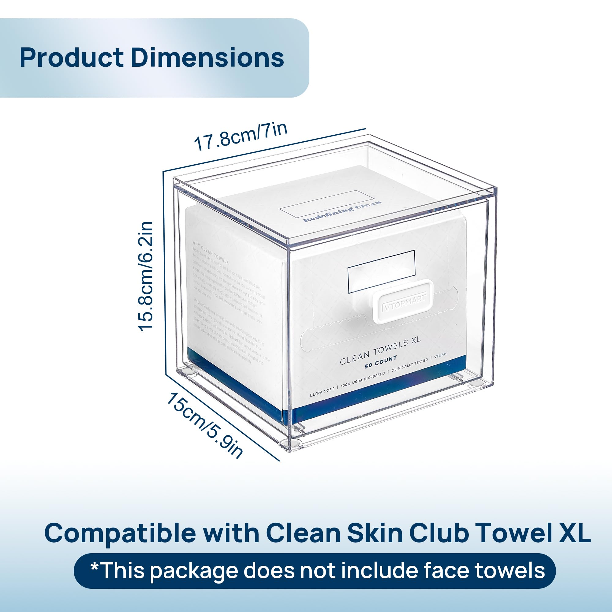 Vtopmart Cajón de almacenamiento de toallas faciales desechables compatible con Clean Skin Club Towel XL, caja acrílica con capacidad para 50 unidades, accesorio de baño elegante y funcional para