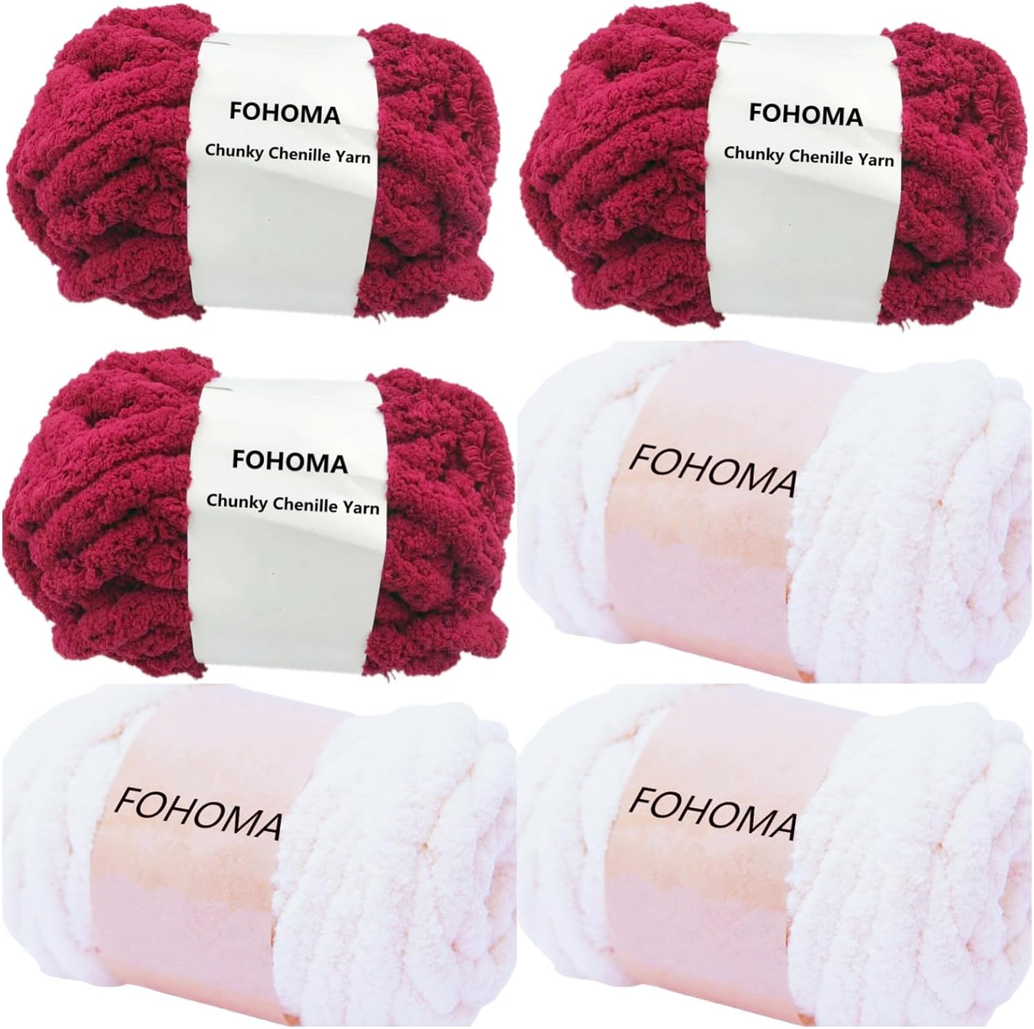 Super Bulky Chunky Blanket Chenille Yarn Burgundy Red + Milk White Mix Color 6 Pack 48oz for Arm Knitting, Luxury Plush Cuddly Soft Thick Polyester Easy Care Big Quick Jumbo Crochet Weaving Yarns