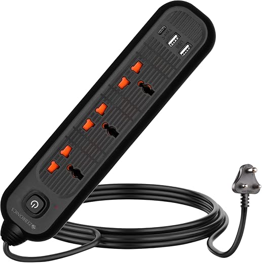 ZEBRONICS Power BAR 132, Extension Board/Strip, 2000 Watts, 10 Amps, 1x Type C Port, 3X Universal Socket, 2X USB Port, LED...