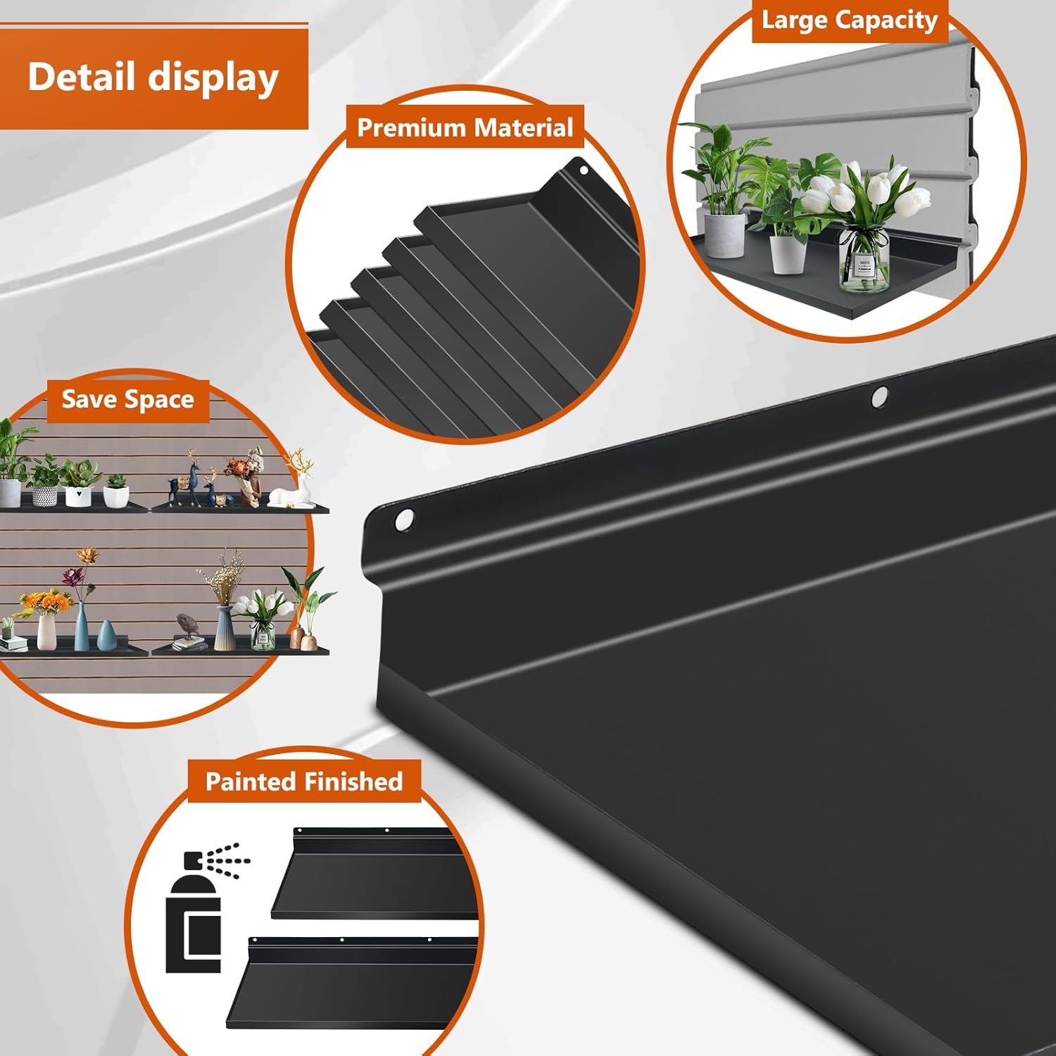 PEKGRIL 17X8 Inch Large Slatwall Shelves Set of 4, Metal Slat Wall Shelves Accessories, Flat Display Shelves for Slat, Metal Retail Display for Storage and Organization, Black