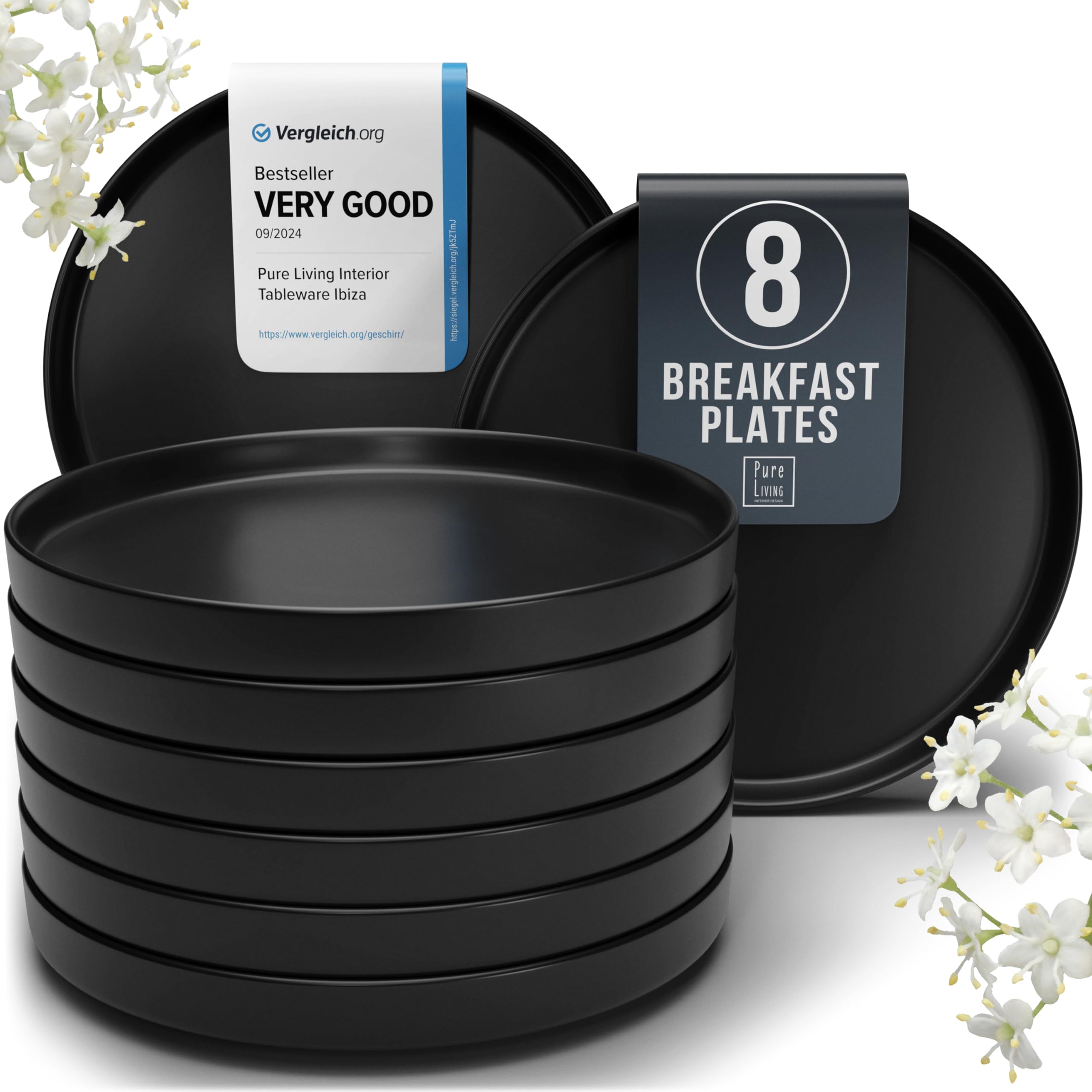 Breakfast Plates Set of 8 Manhattan in Black - Premium Stoneware for Dishwasher, Microwave - Stylish Black Plate Set Matt - Pure Living Crockery Urban Black Line…