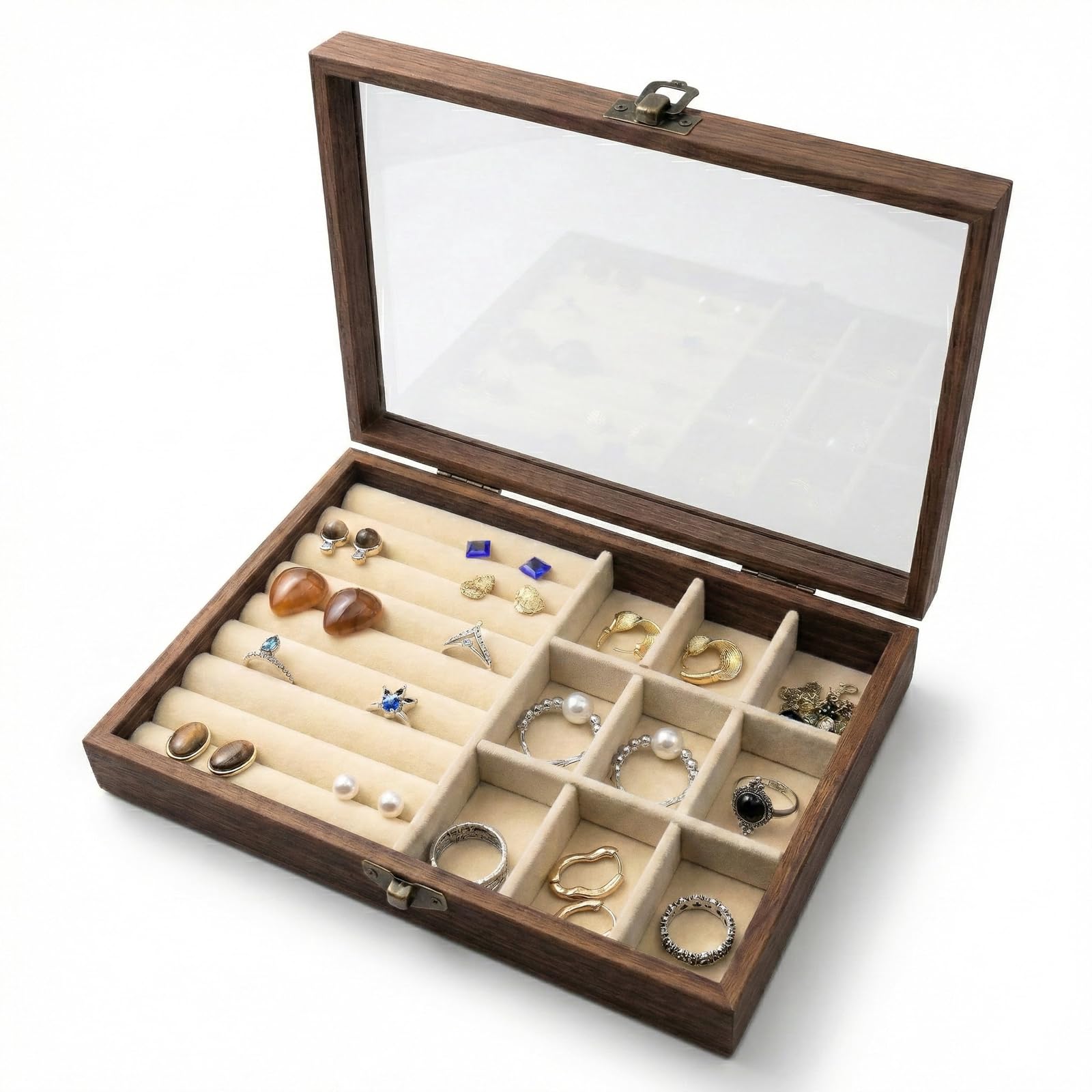 CT SUN Small Wooden Ring Earring Organizer Box Case Display Case with HD Glass Lid Velvet Lining Organizer