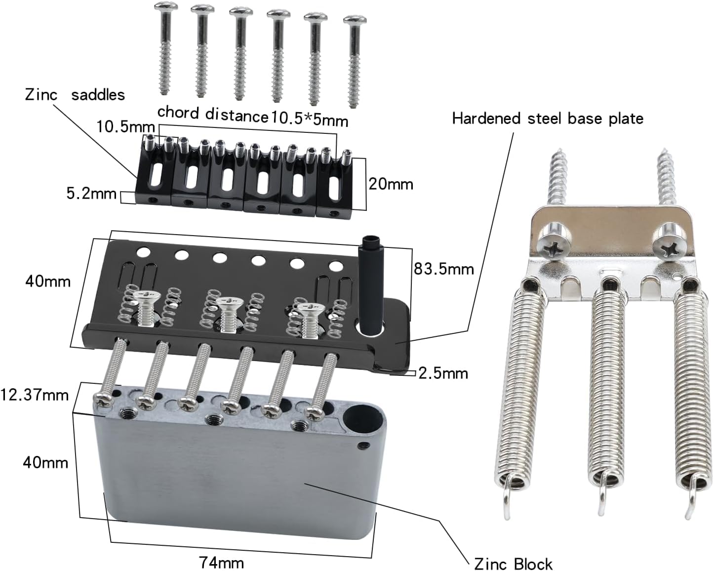 10.5mm Electric Guitar Bridge Zinc Alloy Block Saddles Stainless Steel Plate 6 Point Tremolo Bridge 6-string Start Stratocaster Electric Guitar Replacement Parts (Black)