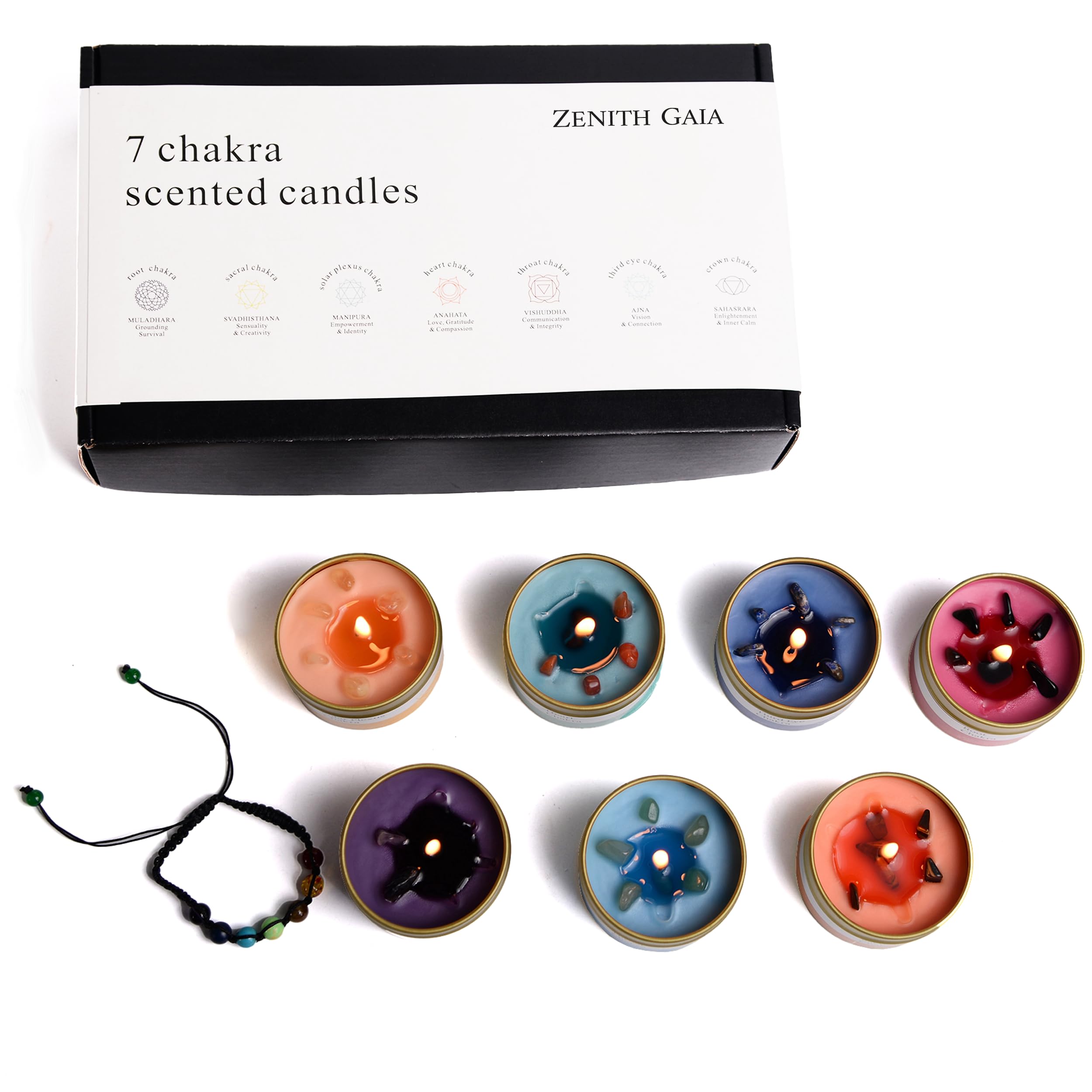 Chakra Kerzen Set – Handgegossene Duftkerzen mit Premium-Kristallen in edlen Blechschalen inklusive Chakra Armband – 7er-Set für Meditation, Stressabbau und spirituelle Balance