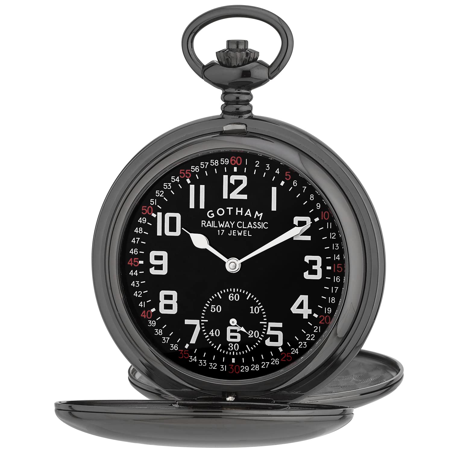 Men's Gun-Tone Railroad Dial Double Hunter 17 Jewel Mechanical Pocket Watch # GWC18806BBK