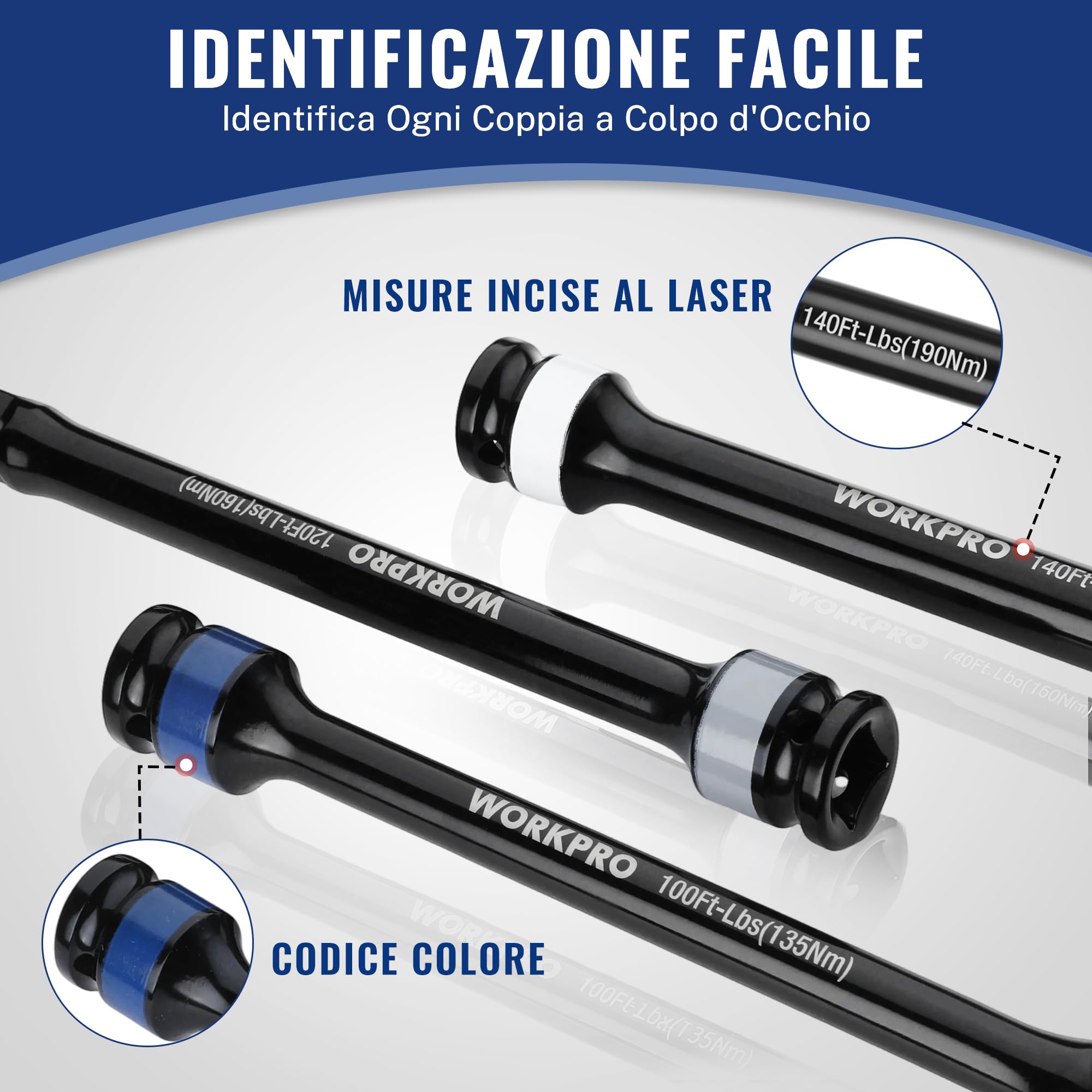 WORKPRO Set 5 Prolunghe per Chiave a Impulso 1/2" con Limitatore di Coppia