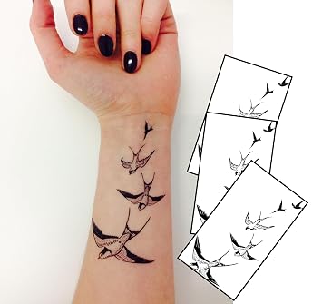Swooping Swallows Temporary Tattoo 4x2.5" Flying Bird Design 3 Copies Realistic Wrist-to-Hand Placement by Inkwear