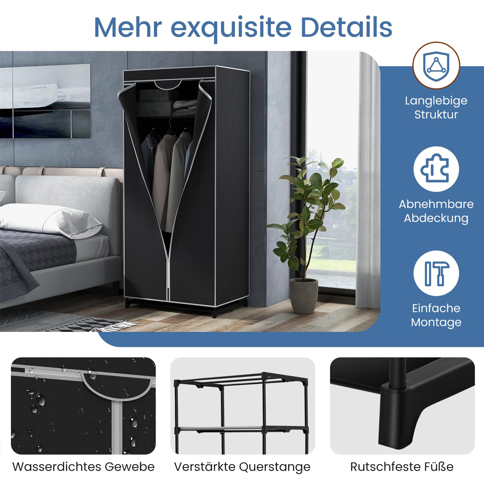 Meerveil Stoffen kast voor slaapkamer, kledingkast, inklapbaar, met zes