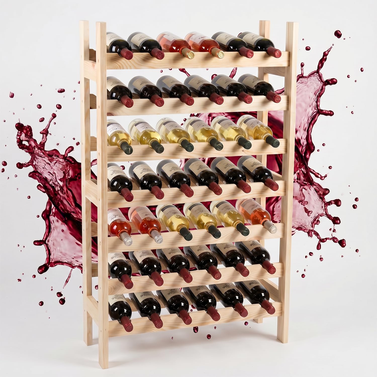 Weinregal Holz für 42 Flaschen mit 7 Regalböden 98 x 63 x 25 cm | 98 x 63 x 25 cm, Robustes Massivholz, Montageset inklusive, Sichere Lagerung, Freistehend, Für Keller und Hausbar