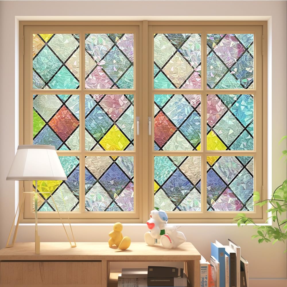 Rainbow Window Clings - 3D Sunshine Decorative Vinyl, Stained Glass Window Decals, Non-Adhesive Static Cling Stickers (Crystal, 35.4'' x 157.4'')
