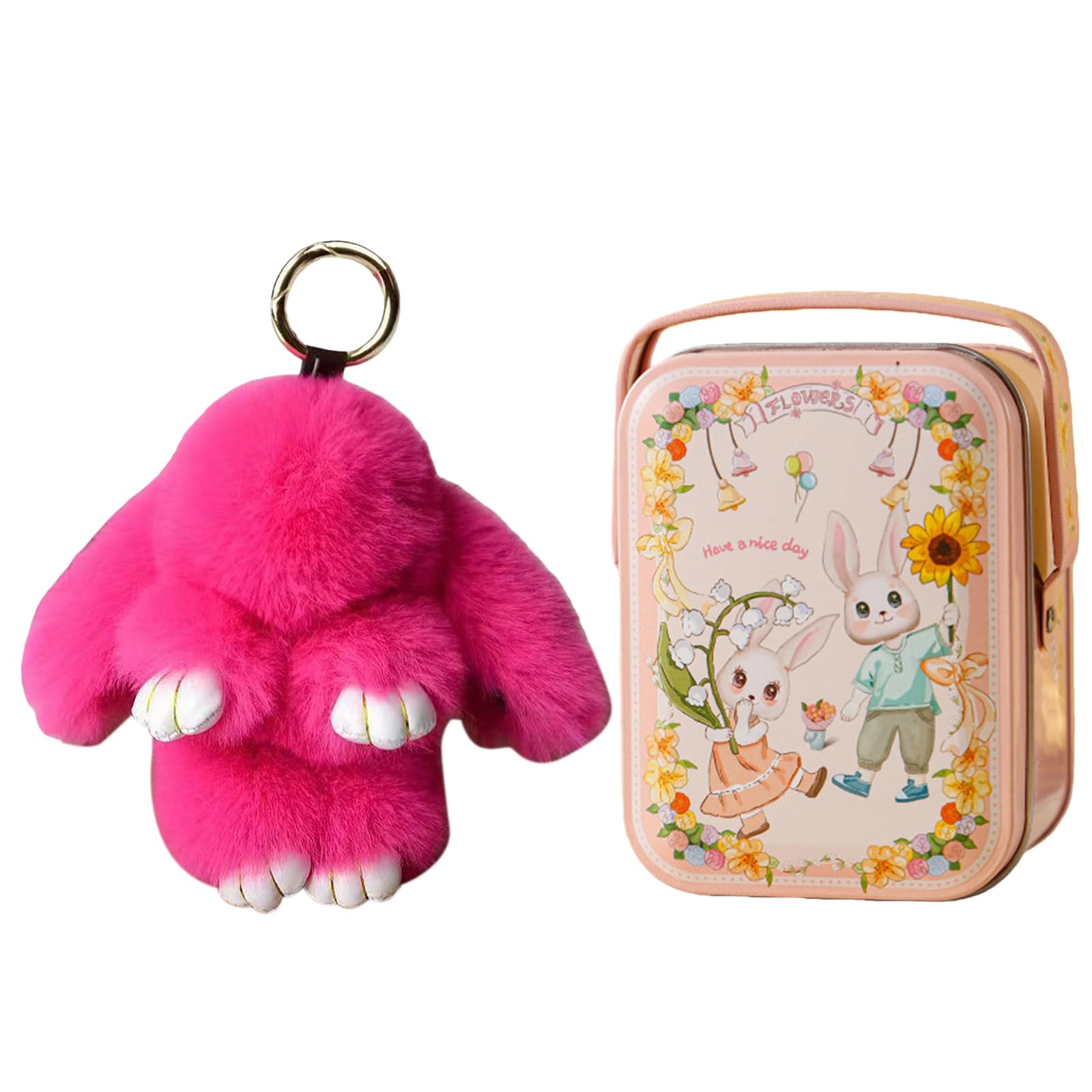 Carino Soft Fuzzy Bunny Keychain with Exquisite Tin Box Bunny Doll Pendente Portachiavi Coniglio Charm Easte