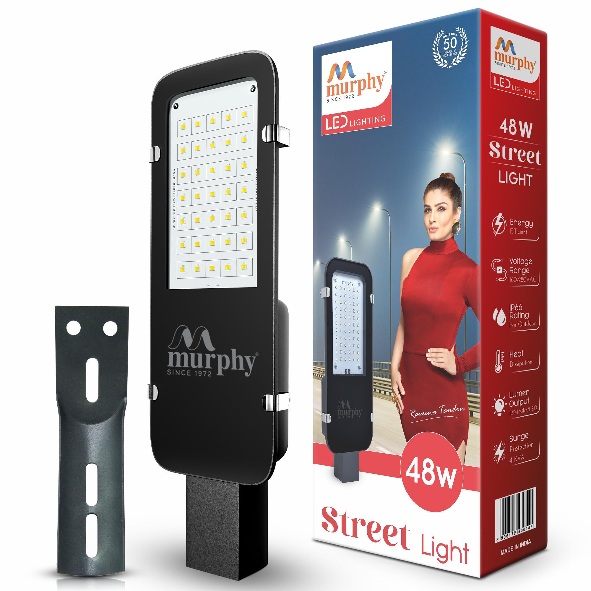 Murphy Aluminium Electric-Corded Led 48 Watts Ip-65 Bis Approved Waterproof Rectangular Outdoor Street Light, Cool White, Pack Of 1