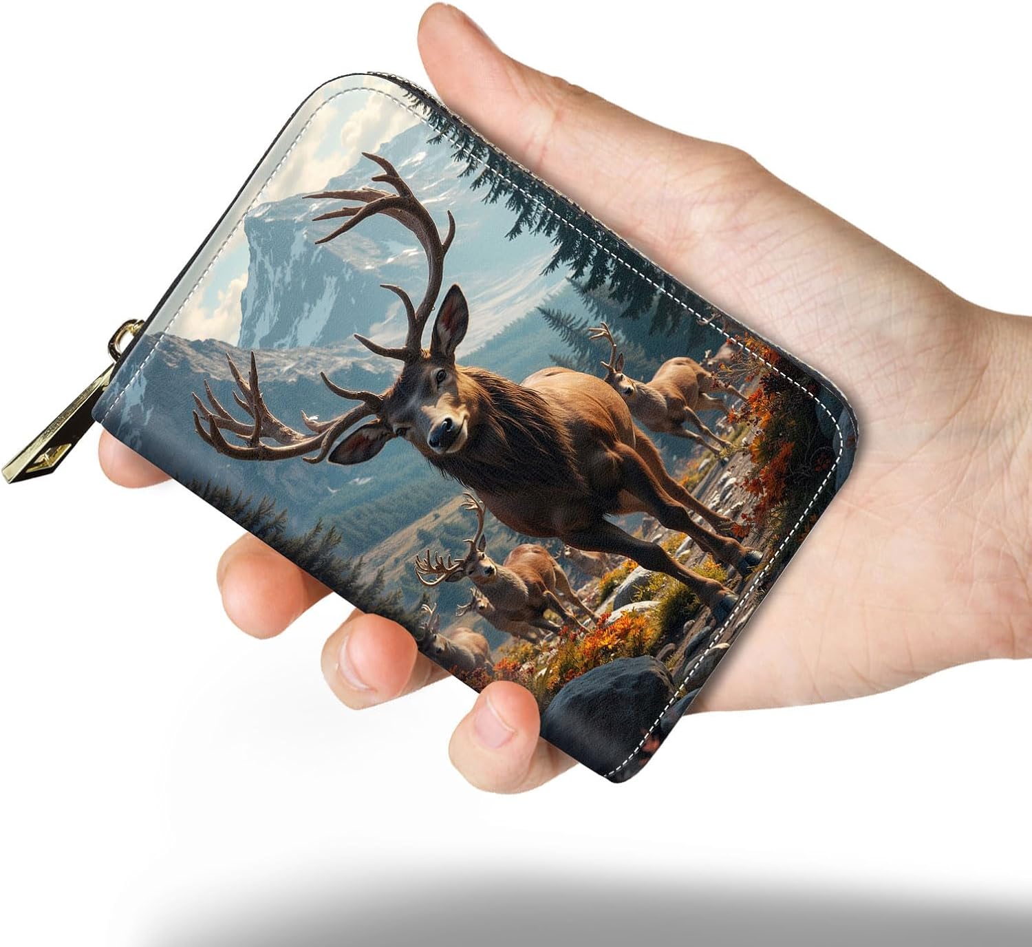 Slim Zipper Card Wallet for Women — RFID Blocking Mini Wallet, PU Leather Small Credit Card Holder & Coin Pocket, Travel-Friendly Card Organizer, Deer