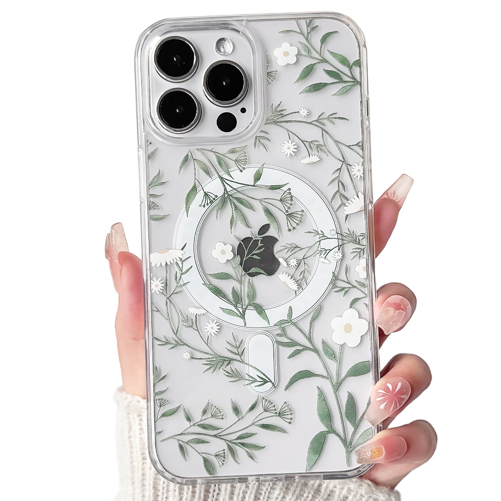 Photo 1 of Lovmooful Magnetic Compatible for iPhone 15 Pro Max Case Compatible for MagSafe Cute Clear Flower Floral with Aesthetic Design for Girls Women Soft TPU+PC Shockproof Protective Girly-Green Leaves
