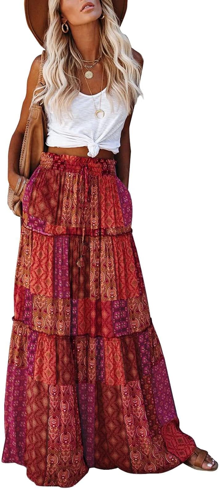 Womens Boho Maxi Skirt 2026 Summer Cruise Casual High Waist Tie Flowy Long Skirt with Pockets For Beach Vacation