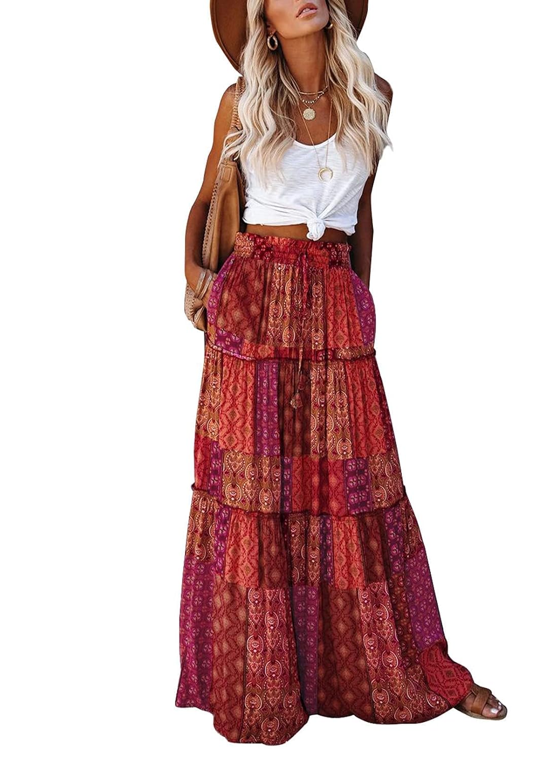 EARKOHA Womens Casual High Waist Tiered Paisley Print Long Maxi Skirt with Pockets, Red, X-Large - Review, Price and Buying Guide