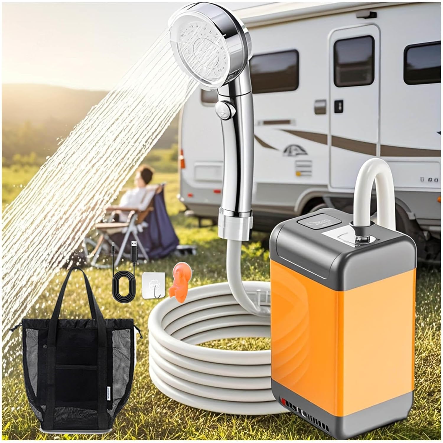 Camp Shower Pump 7800mAh Rechargeable, Rinse Kit Portable Shower Electric Filter Sprayer Head Shower for Camping for Outdoor, Pet Bath, RV, Hiking, Beach