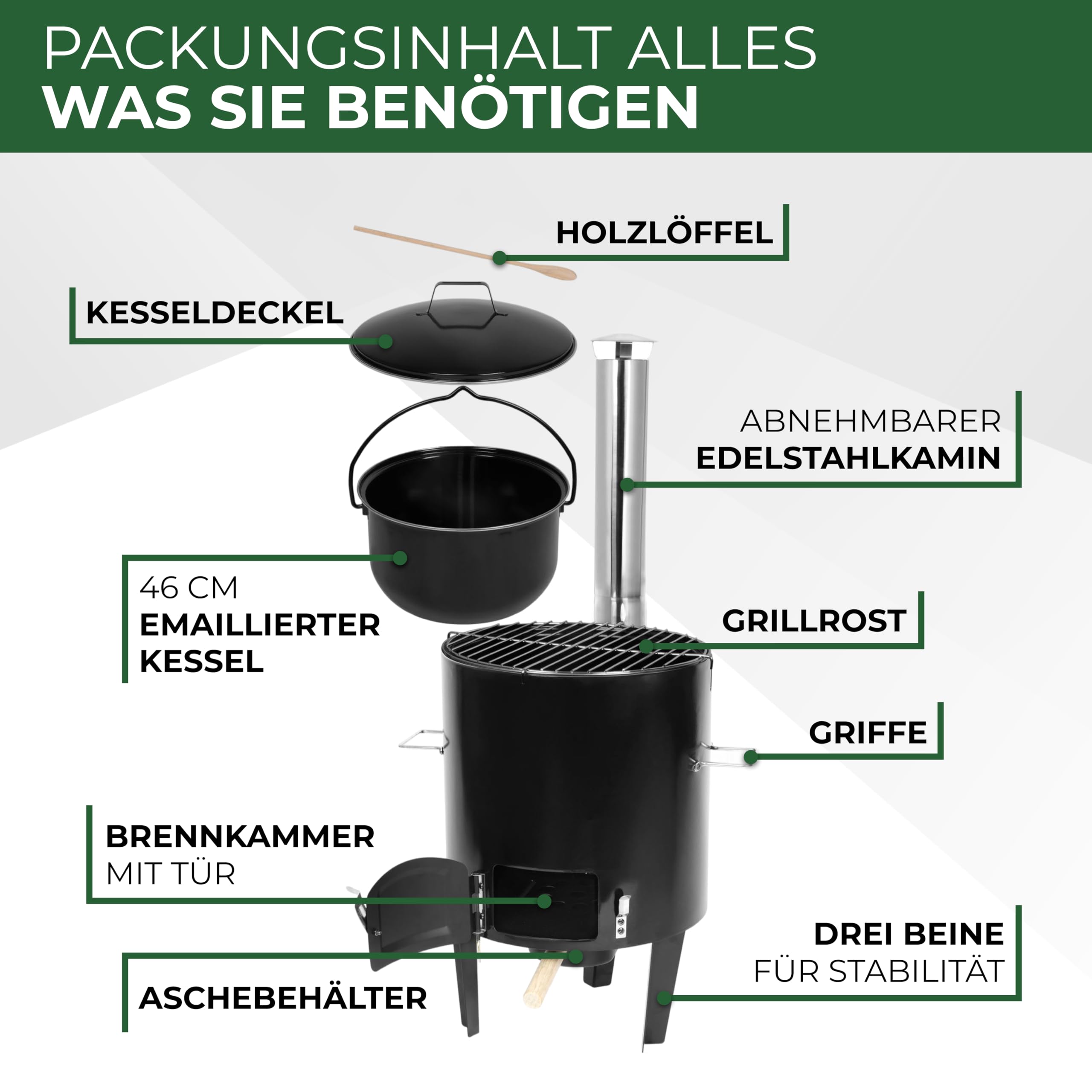 STREND PRO Gulaschkanone 14 Liter Komplett-Set emaillierter Gulaschkessel Outdoor Gulaschkocher für Holzfeuer Edelstahlkamin