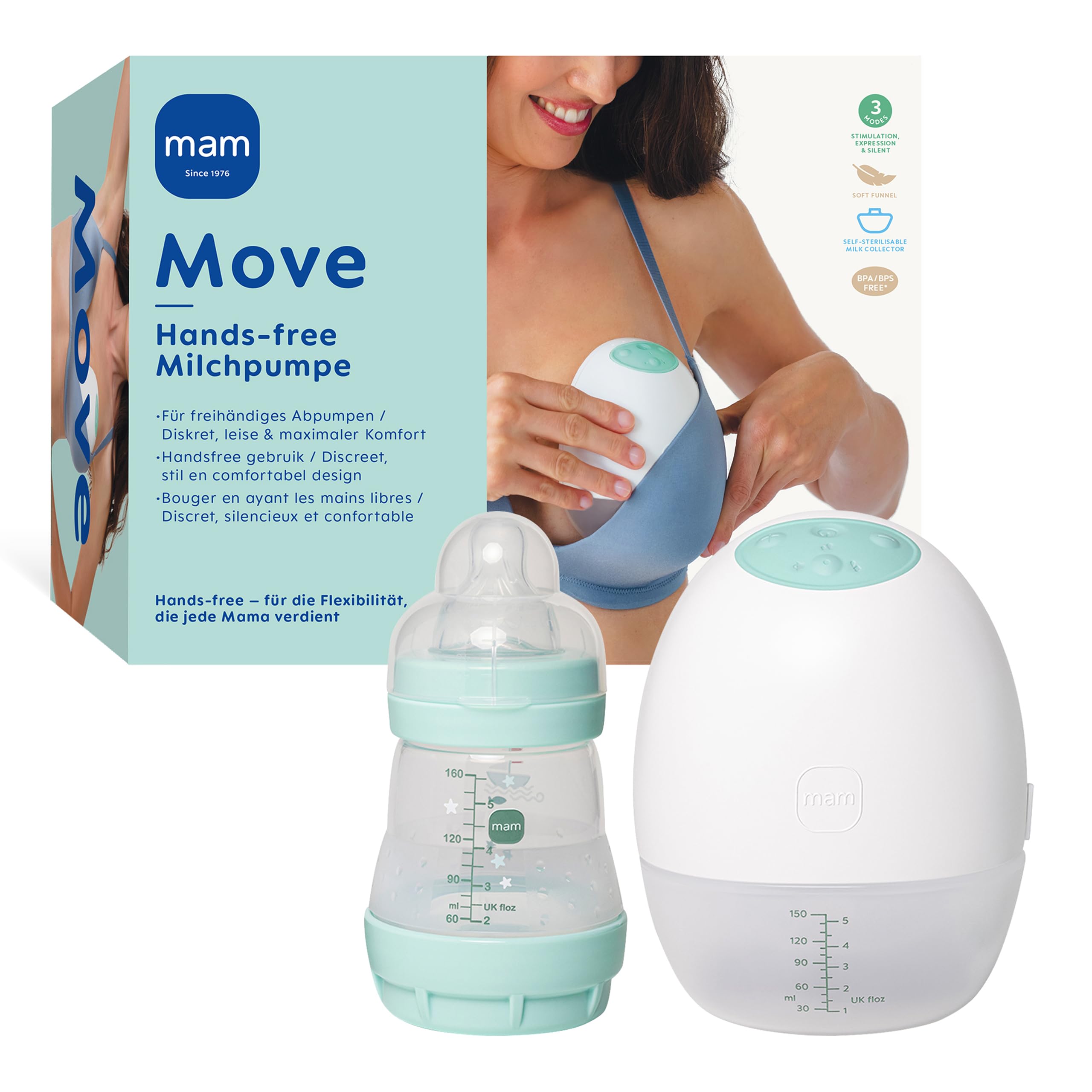 MAM Move Milchpumpe | Handsfree Milchpumpe ohne Schläuche oder Kabel | passt dank ihres schlanken Designs in jeden BH | elektrische Milch Pumpe mit 3 Modi für effizientes & diskretes Abpumpen